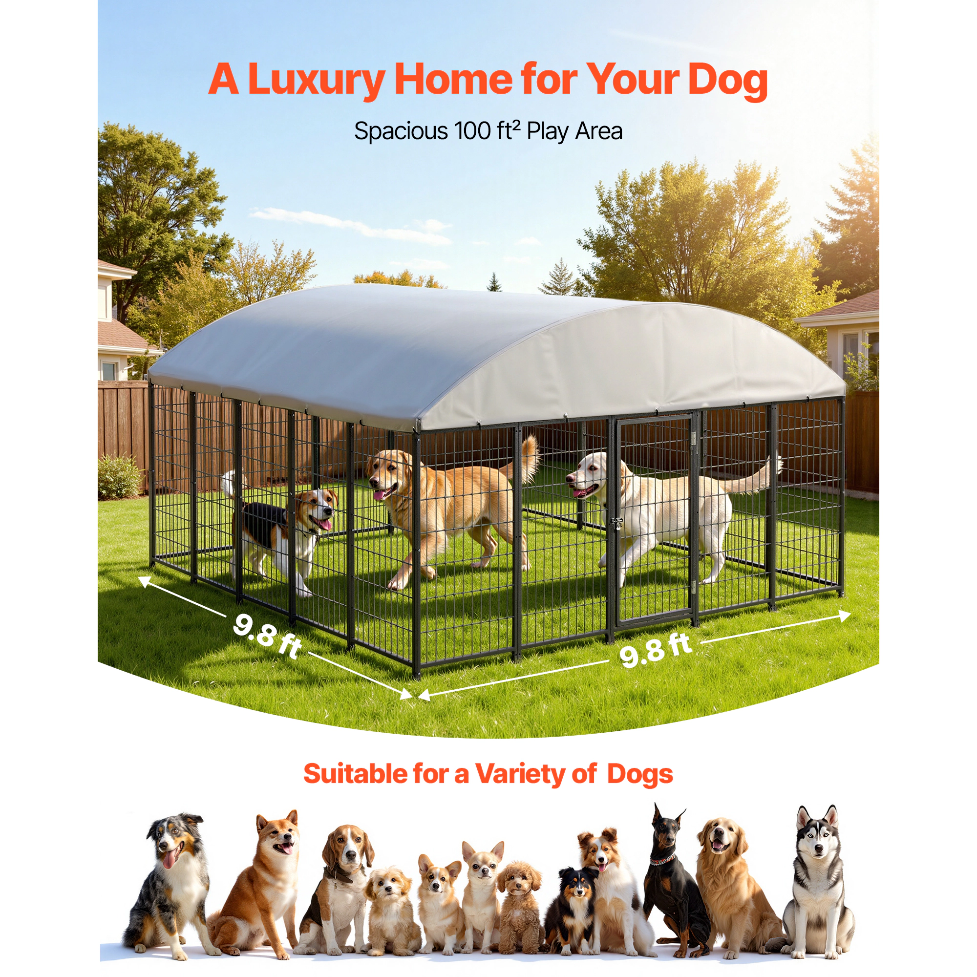 HONGGE 9.8 x 9.8 x 5.4 ft Large Outdoor Dog Kennel with Waterproof UV-Resistant Roof and Secure Lock