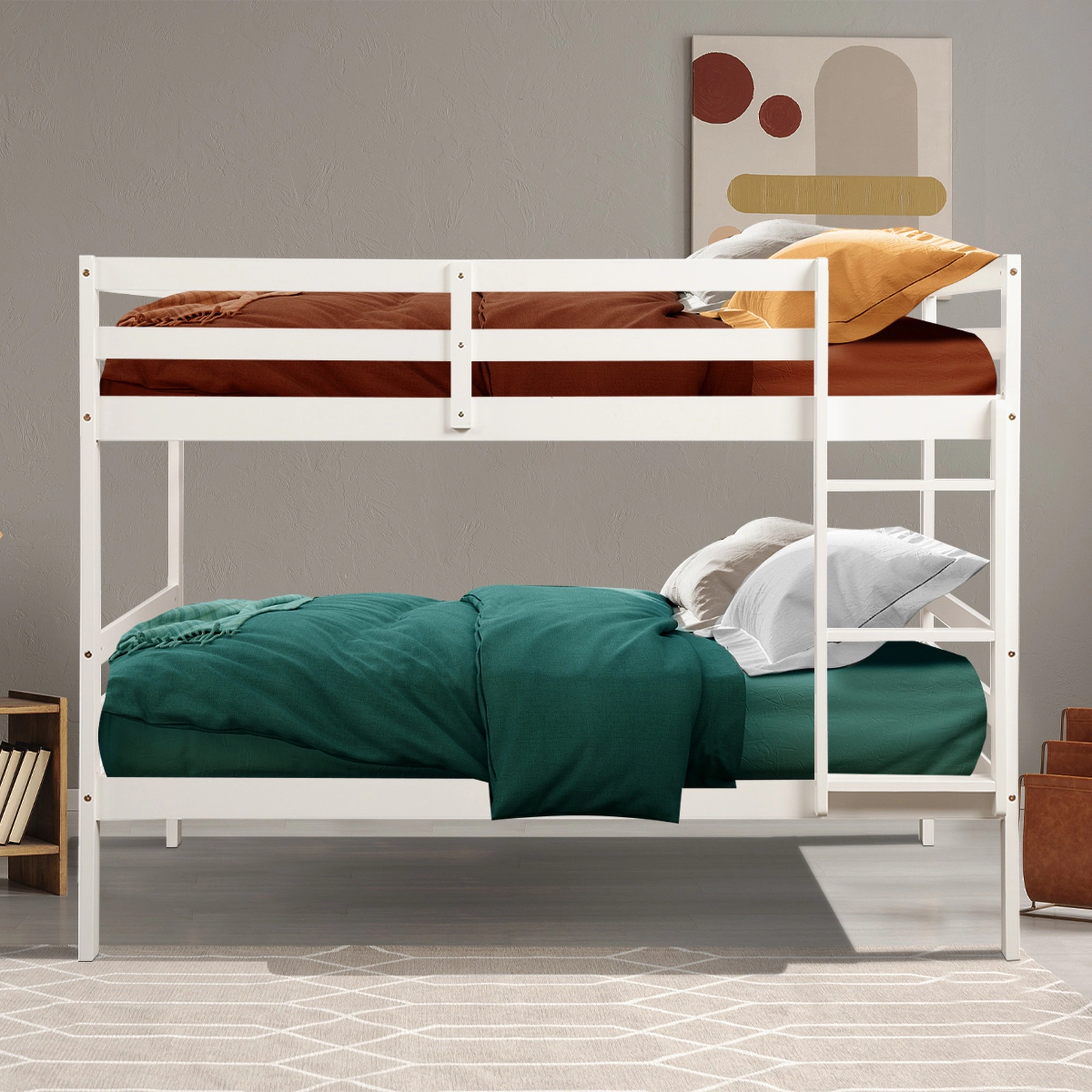 SUGIFT Twin-Over-Twin Bunk Bed, Solid Pine Wood, Guardrails, Wide Ladder, White