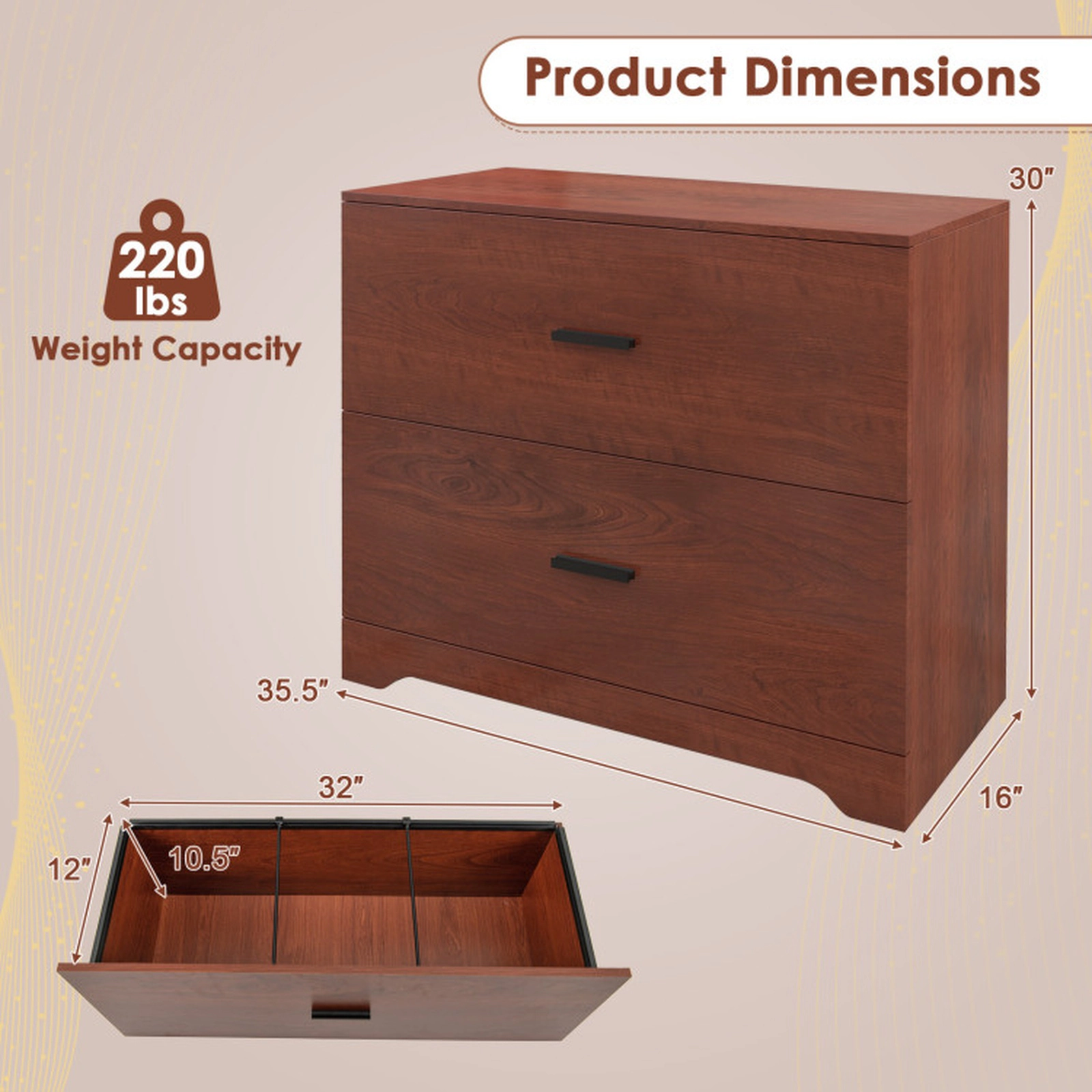 SUGIFT 2-Drawer Lateral Adjustable Steel Bars File Cabinet 35.5-in x 16-in x 30-in 220-lb Capacity Walnut