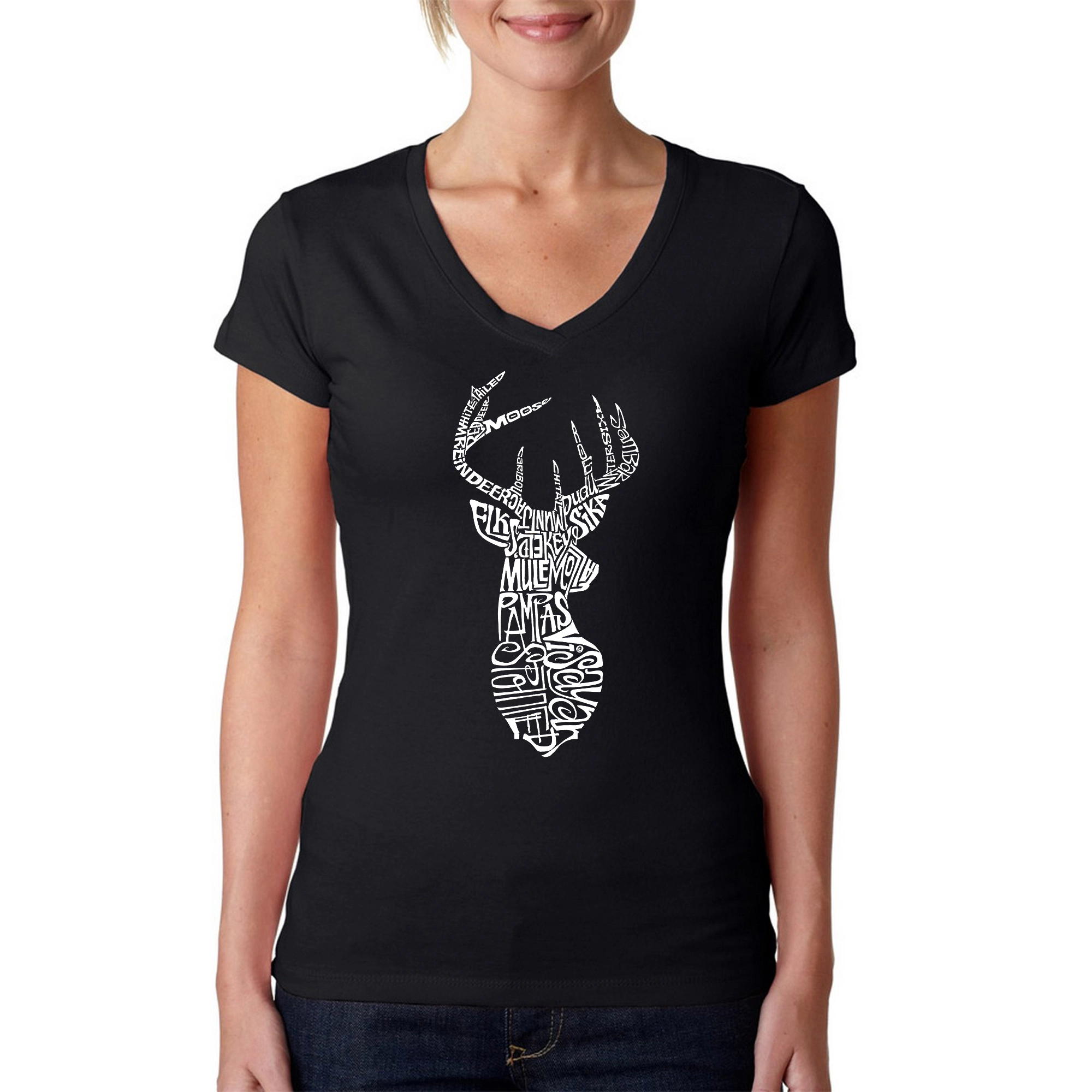 LA Pop Art Womens Word V-Neck T-Shirt - Types of Deer