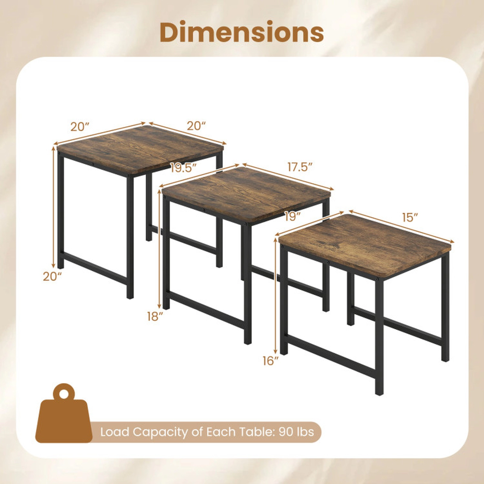 SUGIFT Space-Saving Faux Marble Nesting Tables with Metal Frame Set of 3 90-Lb Capacity Rustic Brown & Black