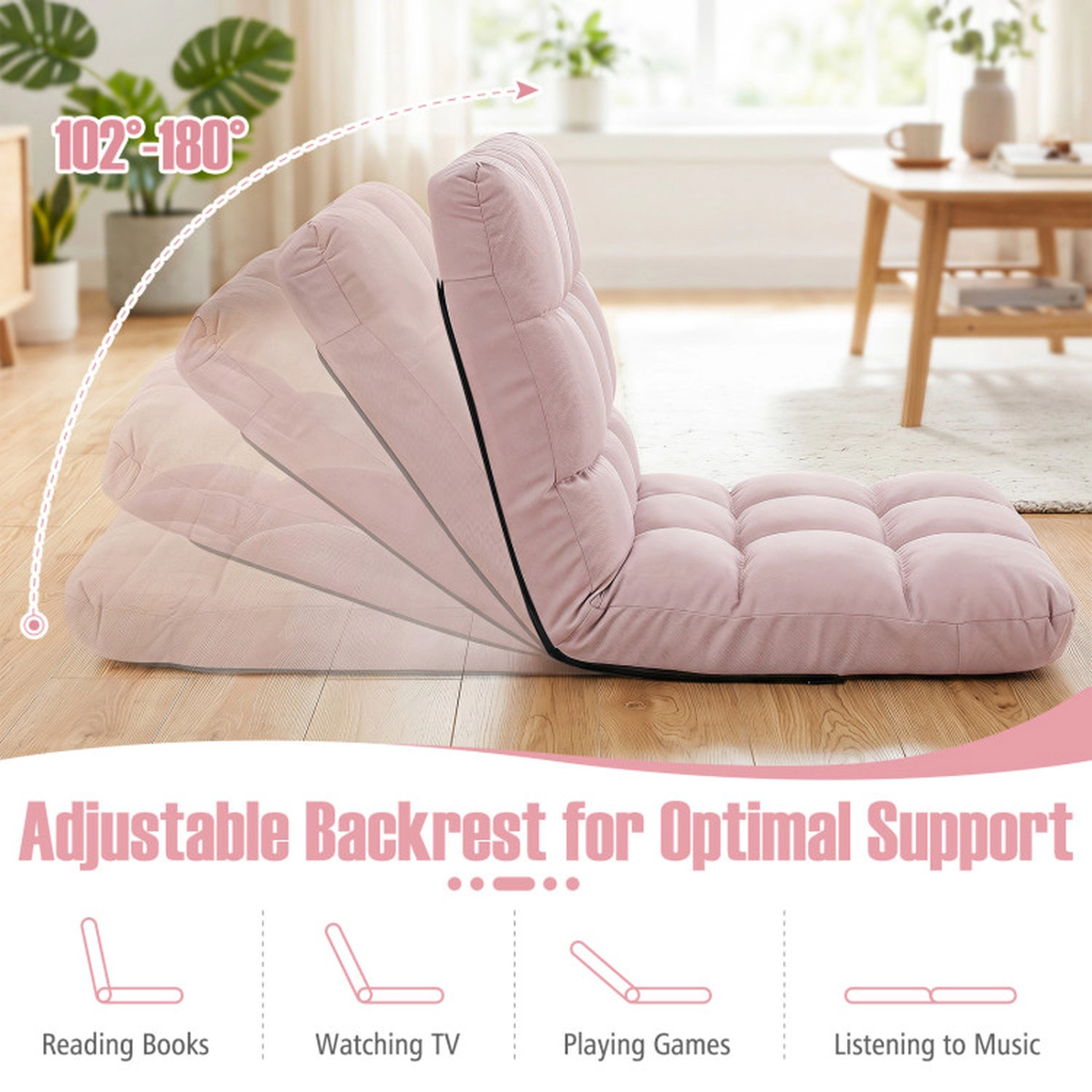 SUGIFT Light Pink 14-Position Folding Floor Chair, 264-Lb Capacity