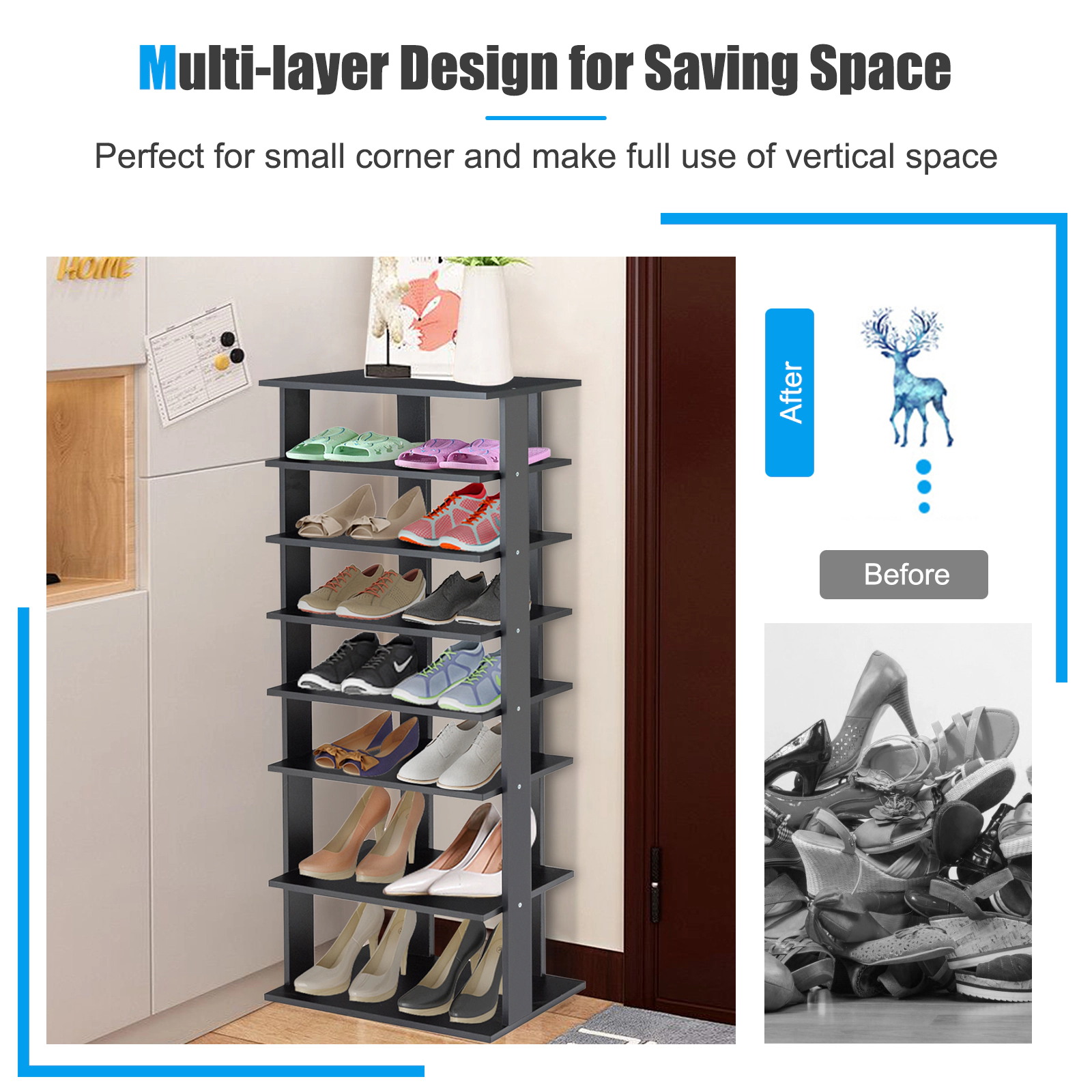 SUGIFT 7-Tier Black Double Row Free Standing Tall Narrow Shoe Rack Organizer for Closet and Entryway