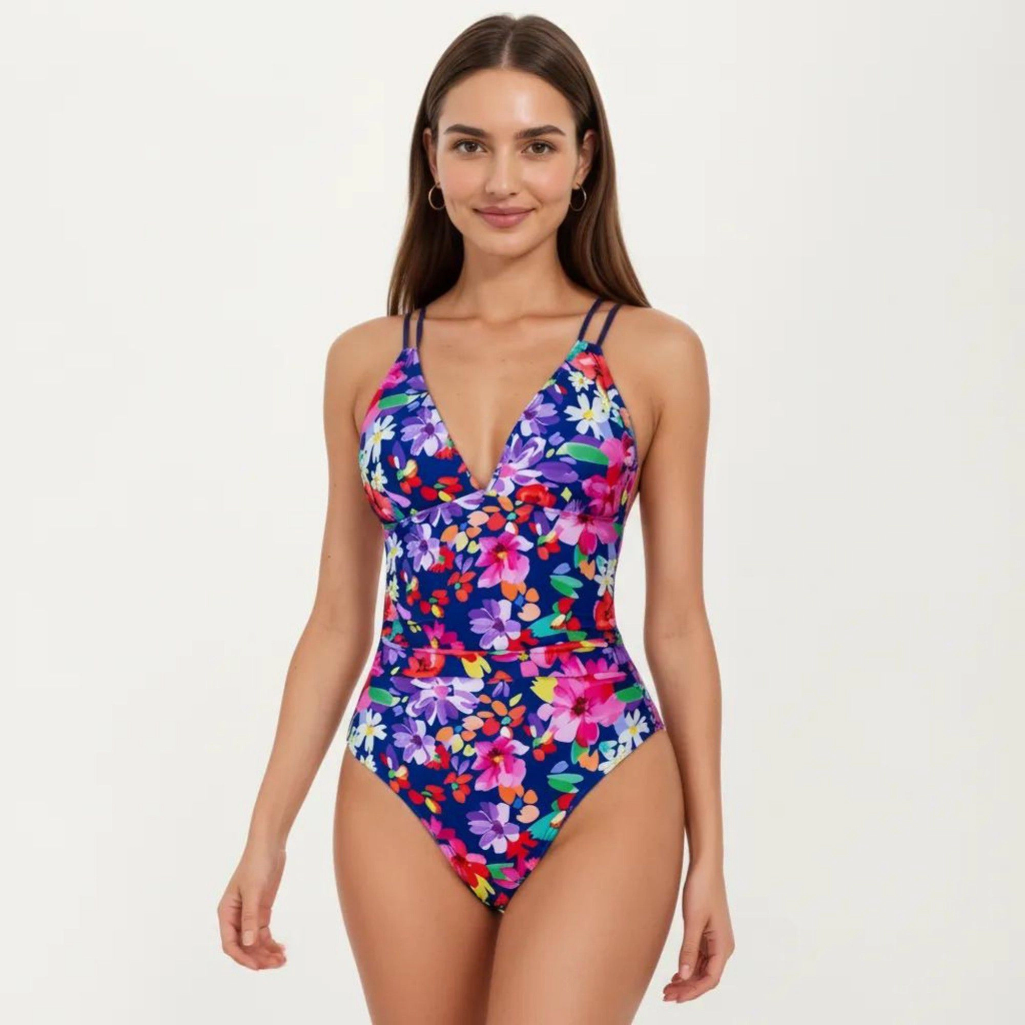 Anna-Kaci Women One Piece Swimsuit V-Neck Floral Print Double Strap Ruched Waist