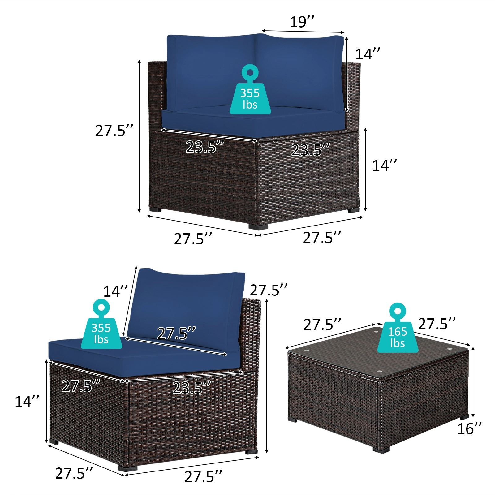 SUGIFT 6-Piece Navy Patio Rattan Sectional Set with Glass Table 27.5-in W 27.5-in D 27.5-in H 360-lb Sofa Capacity