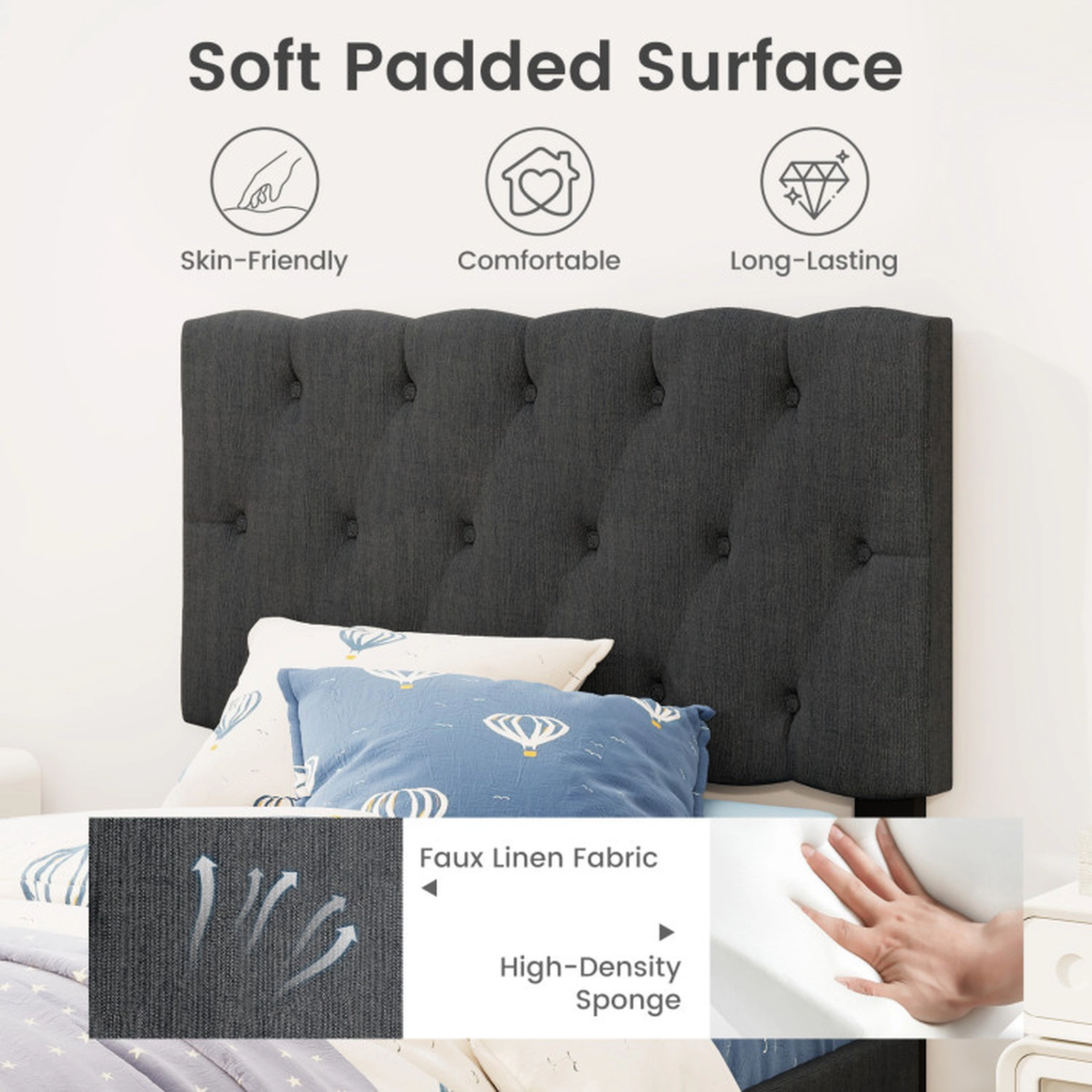 SUGIFT Gray Button-Tufted Headboard and Slats Twin Size Upholstered Platform Bed