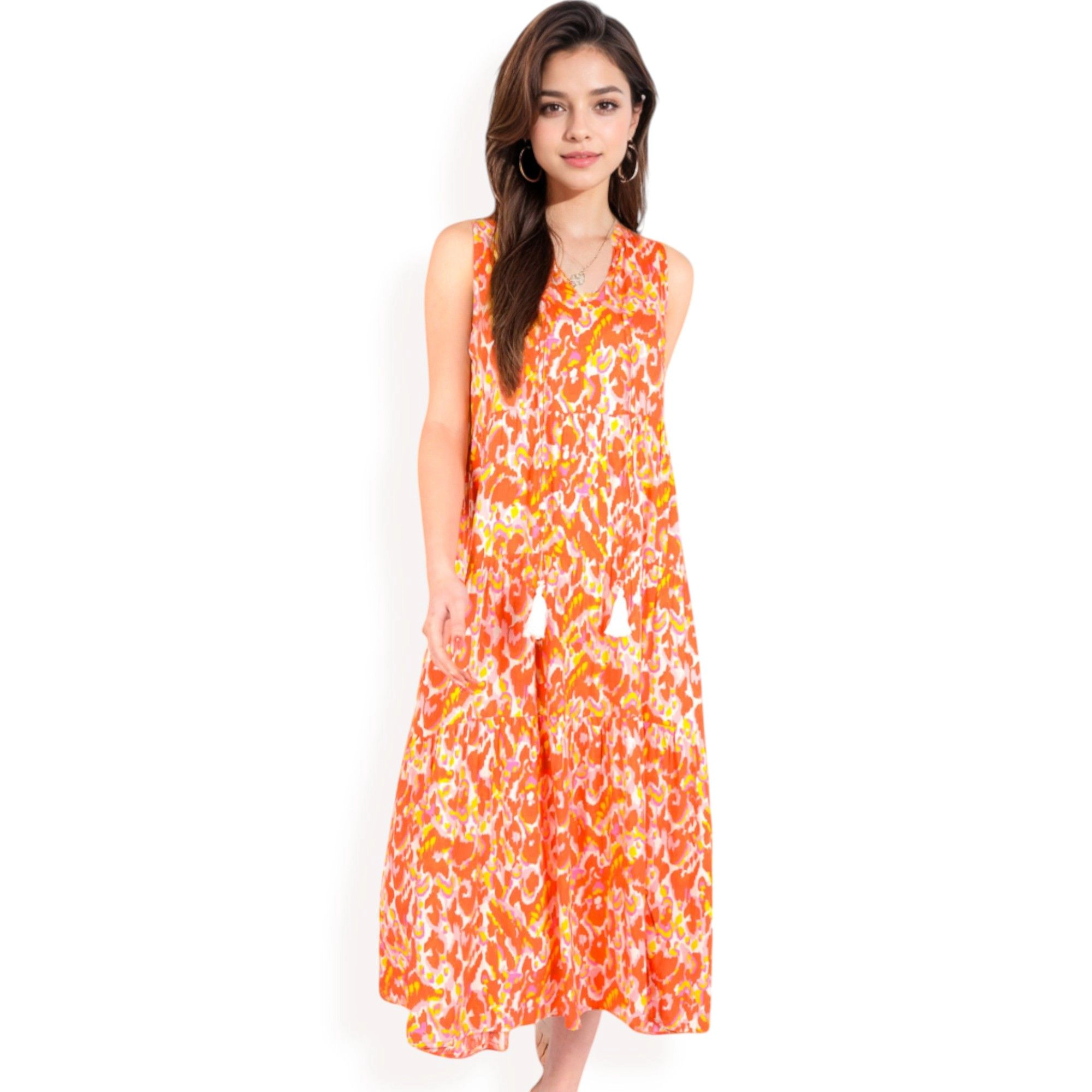 Anna-Kaci Women's Sleeveless Tiered Vibrant Abstract Print Tassel Tie Detail Maxi Dress