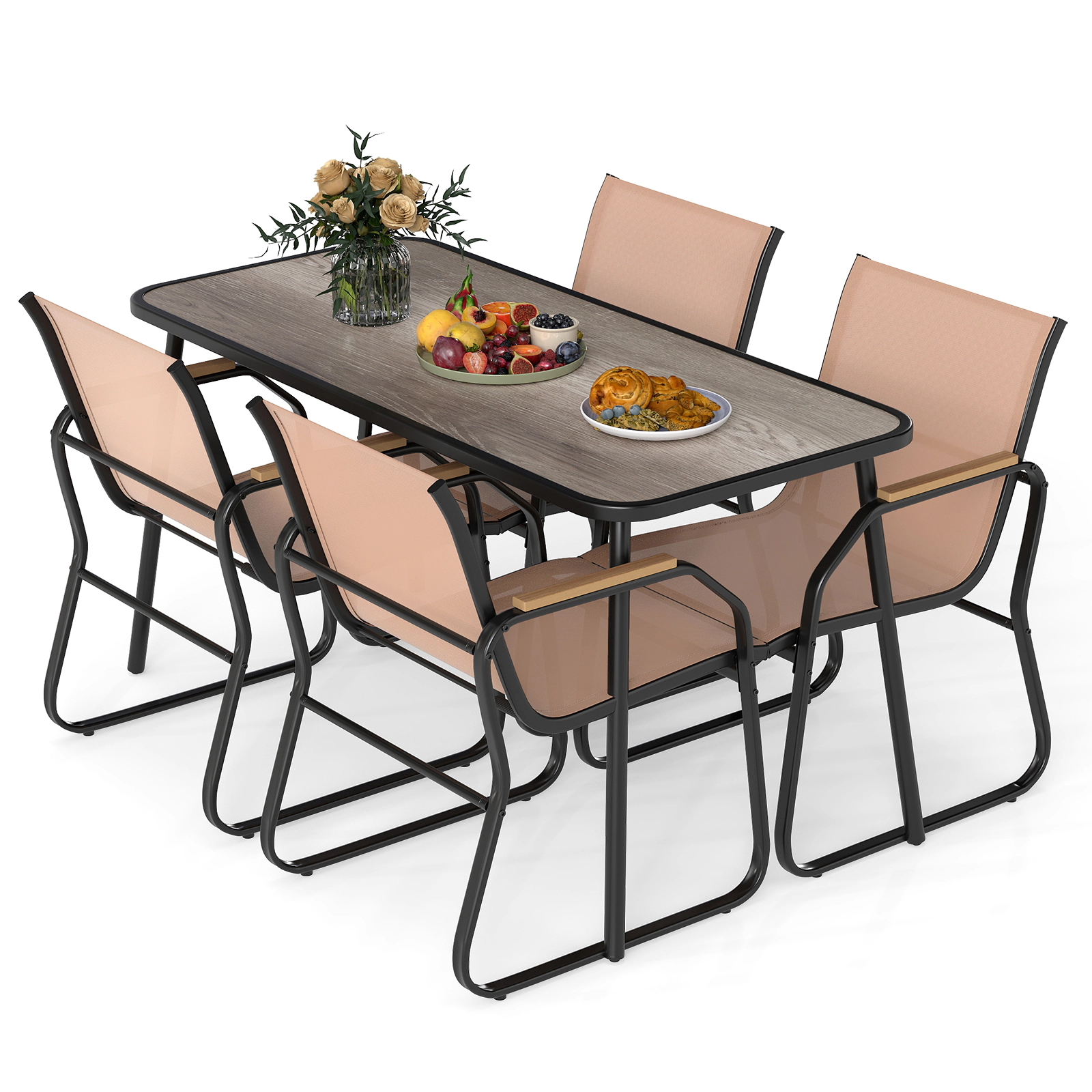 LJG 5 Pieces Patio Dining Set with Rectangular Table and Fabric Chairs