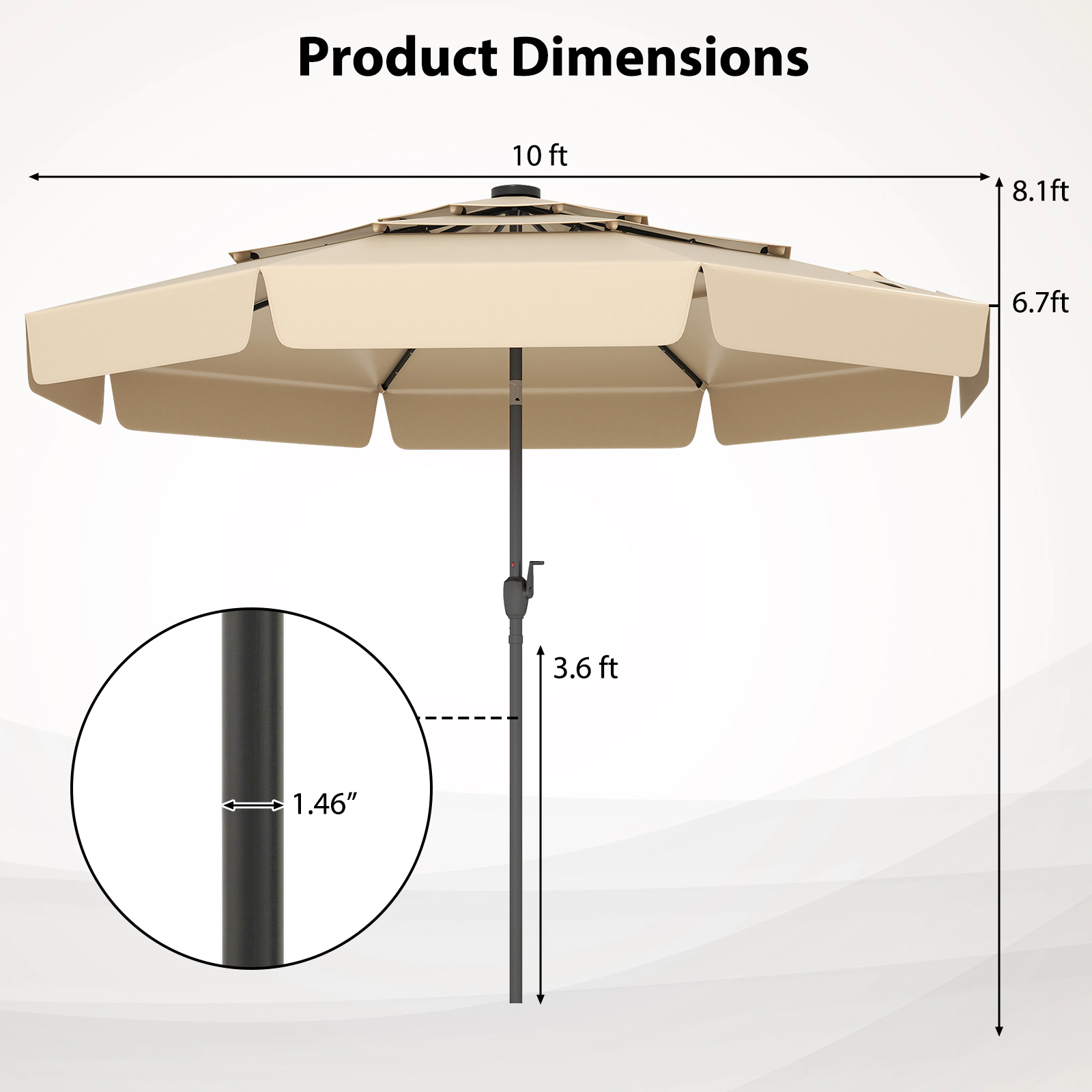 SUGIFT 3-Tier Vented Solar Patio Umbrella LED Lights 10-ft Canopy 10 x 8.1 in with Crank Handle & Push-Button Tilt Beige