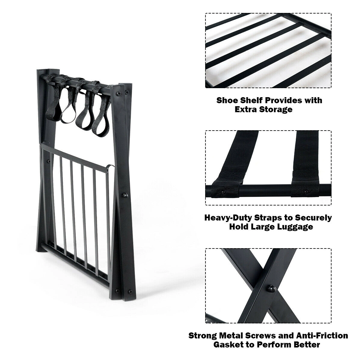Glintex 2-Piece Folding Metal Luggage Rack Set with Removable Slatted Shelf, Black