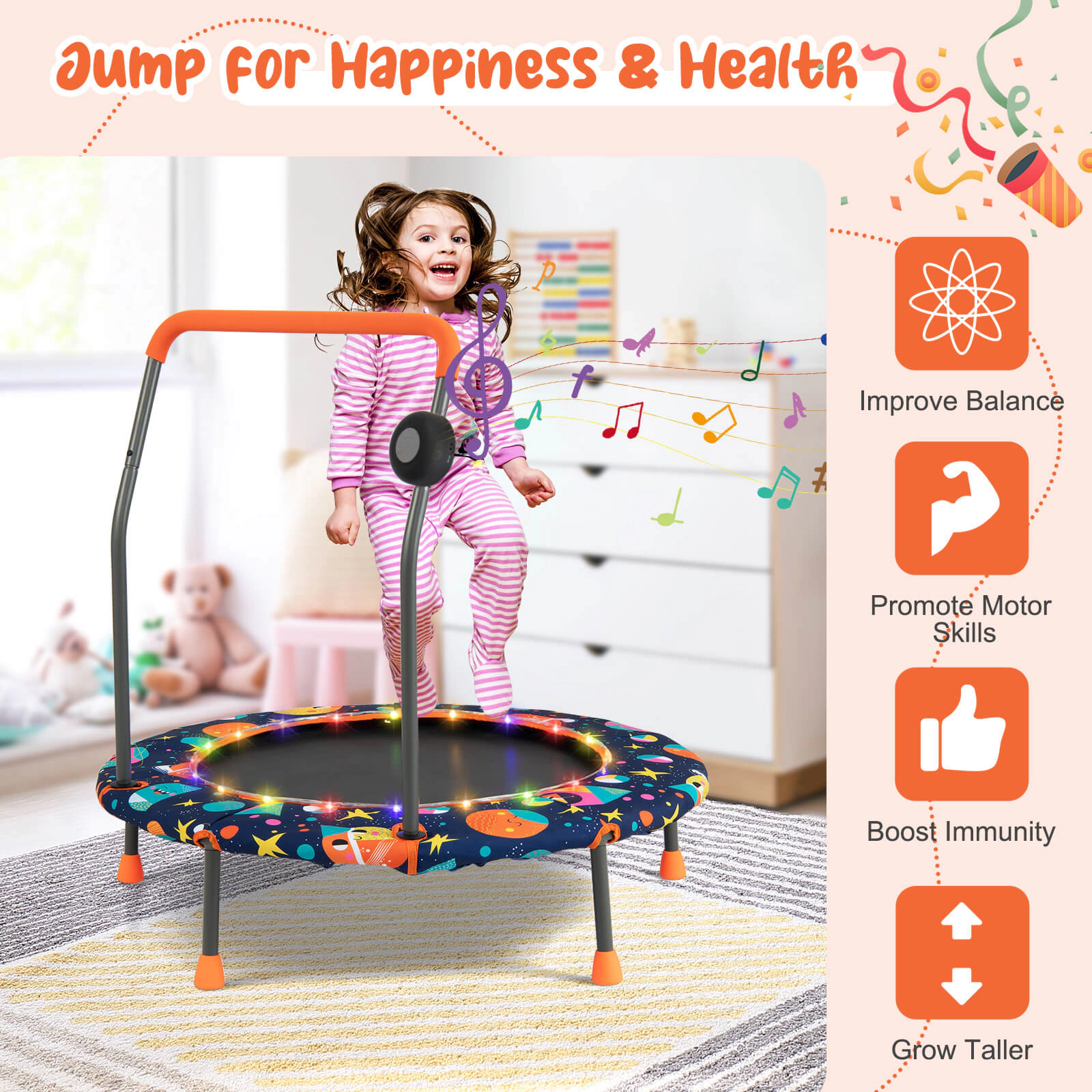 36-in Toddler Trampoline Bluetooth Speaker LED Lights Foam Handle Quiet Bungee Bounce Multicolor Ages 3+