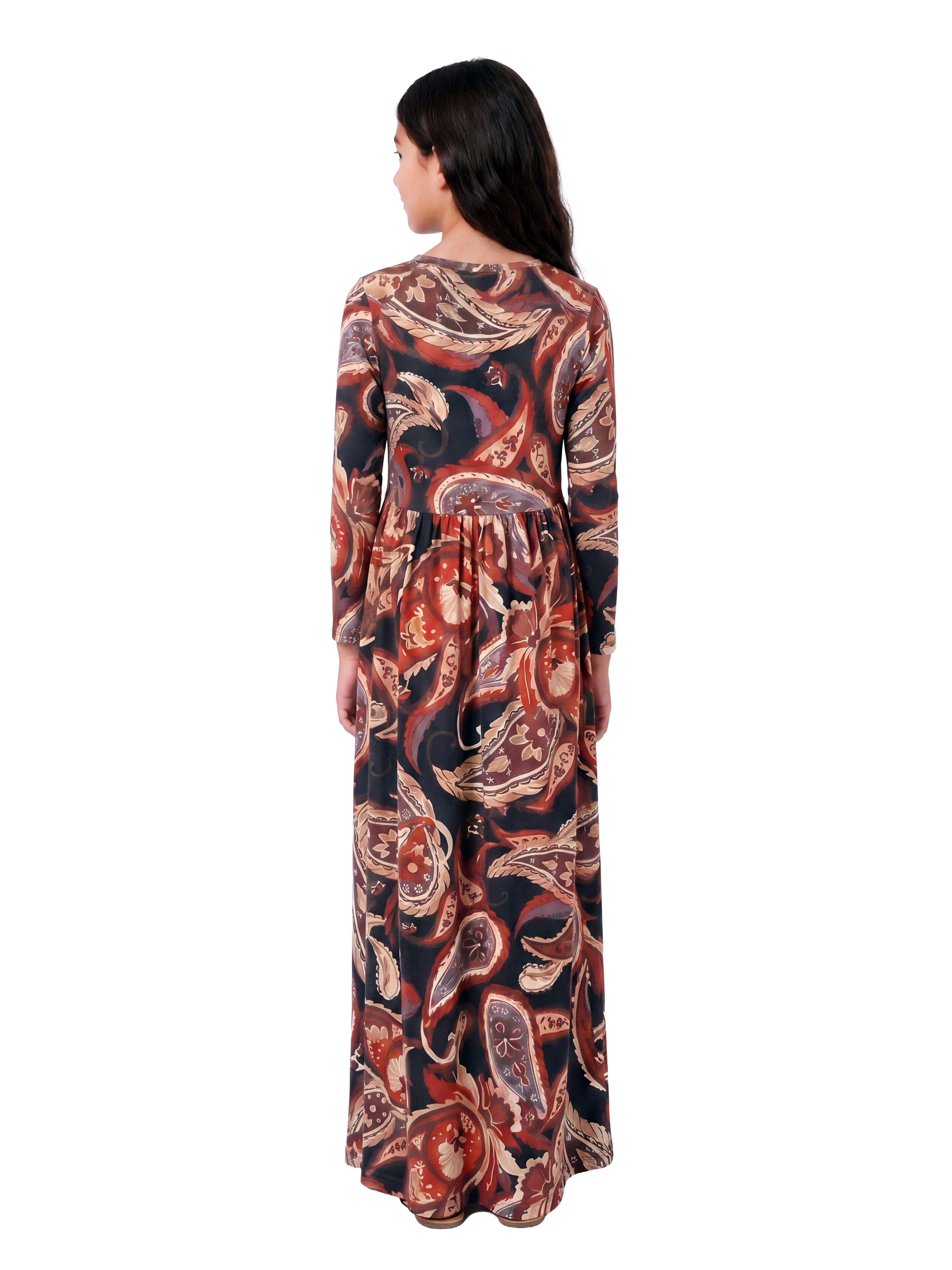 24sevenKid Essential Girls Black and Red Paisley Long Sleeve Pleated Maxi Dress