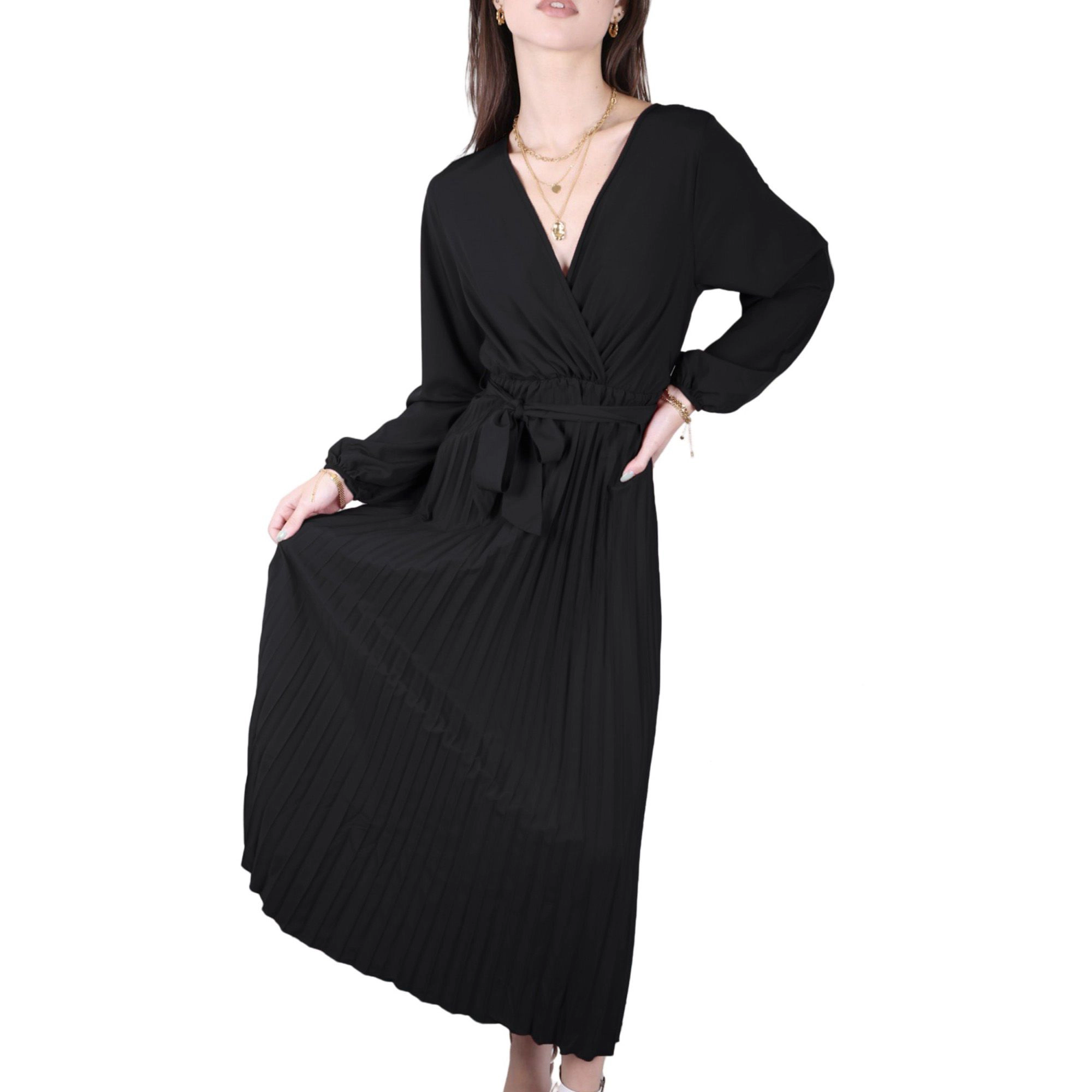Anna-Kaci Women's Long Sleeve V-Neck Maxi Dress with Pleated Skirt and Waist Tie