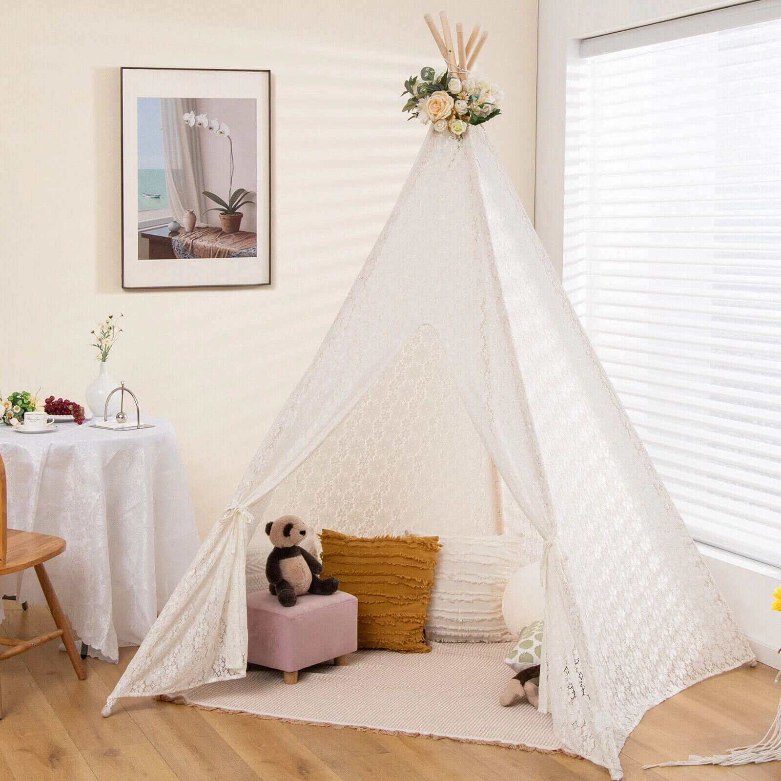 Lace Teepee Tent 85-in Tall Sleepover Tent for Children with LED Star Light Strings Pine Wood Poles White