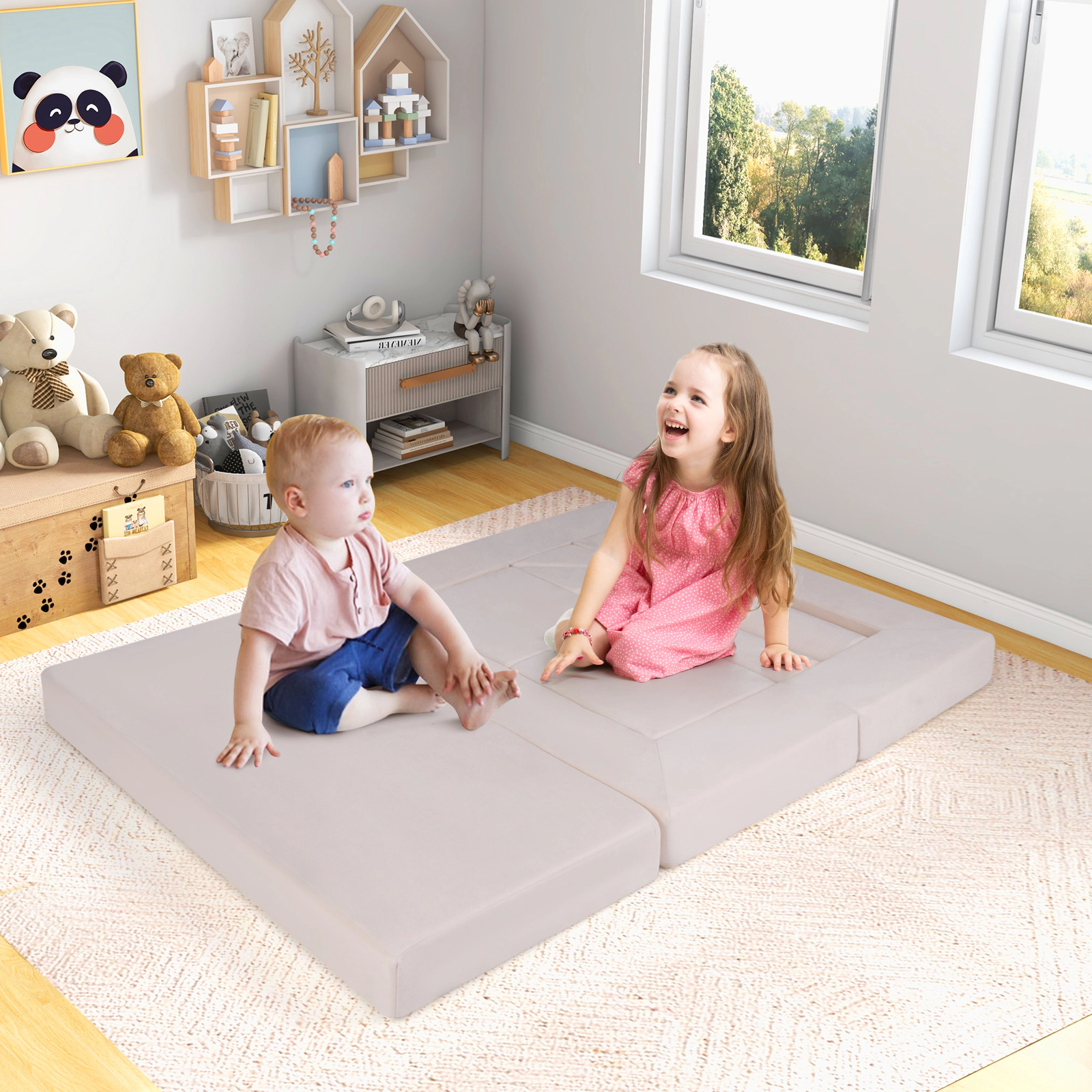 SUGIFT Beige 9-Piece Foam Kids Climber with Breathable Suede Cover and Stackable Pieces 51-in W 26-in D 20.5-in H