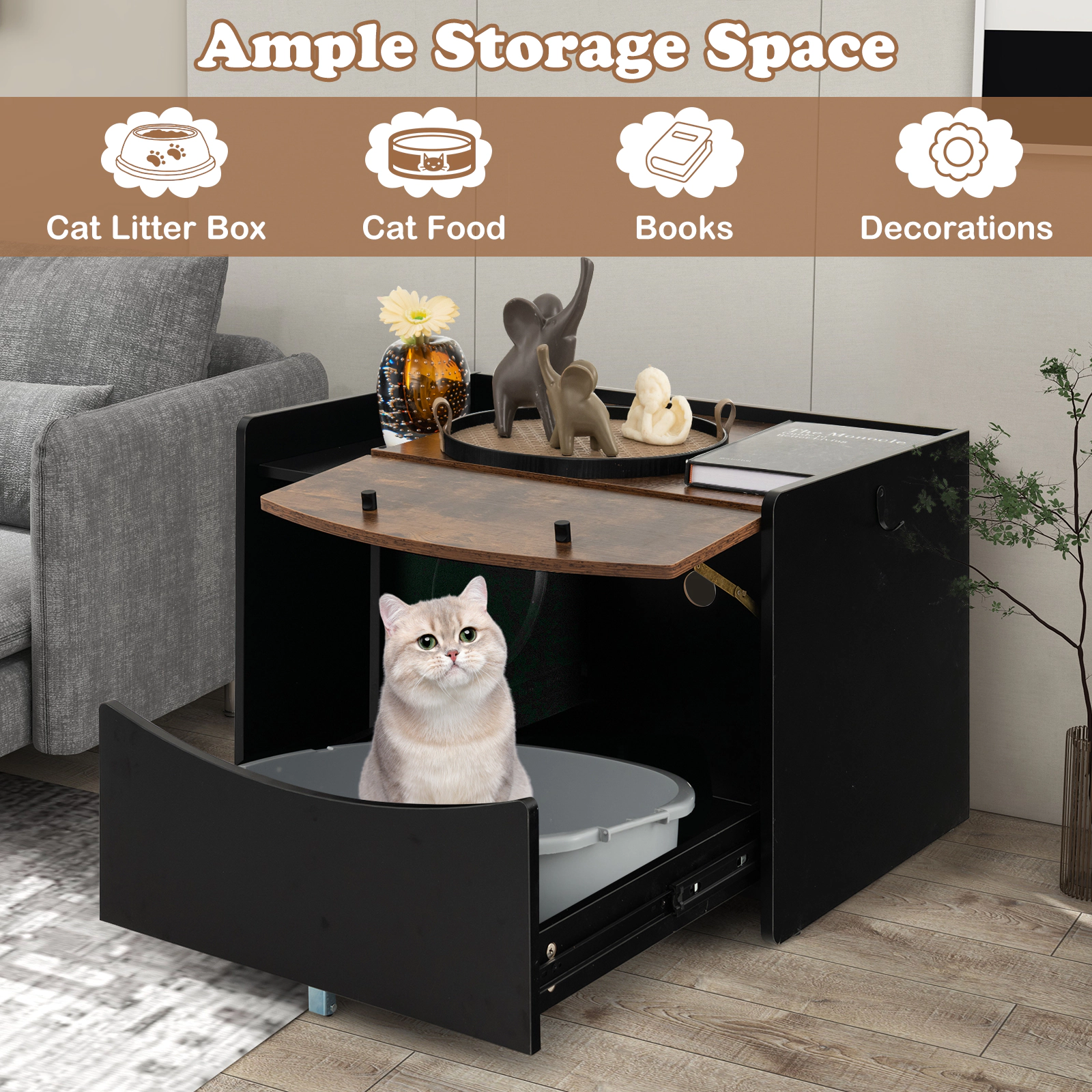 SUGIFT Black Cat Litter Box Enclosure with Pull-Out Drawer and Flip Door 31-in W 20-in D 21-in H 44-lb Per Layer