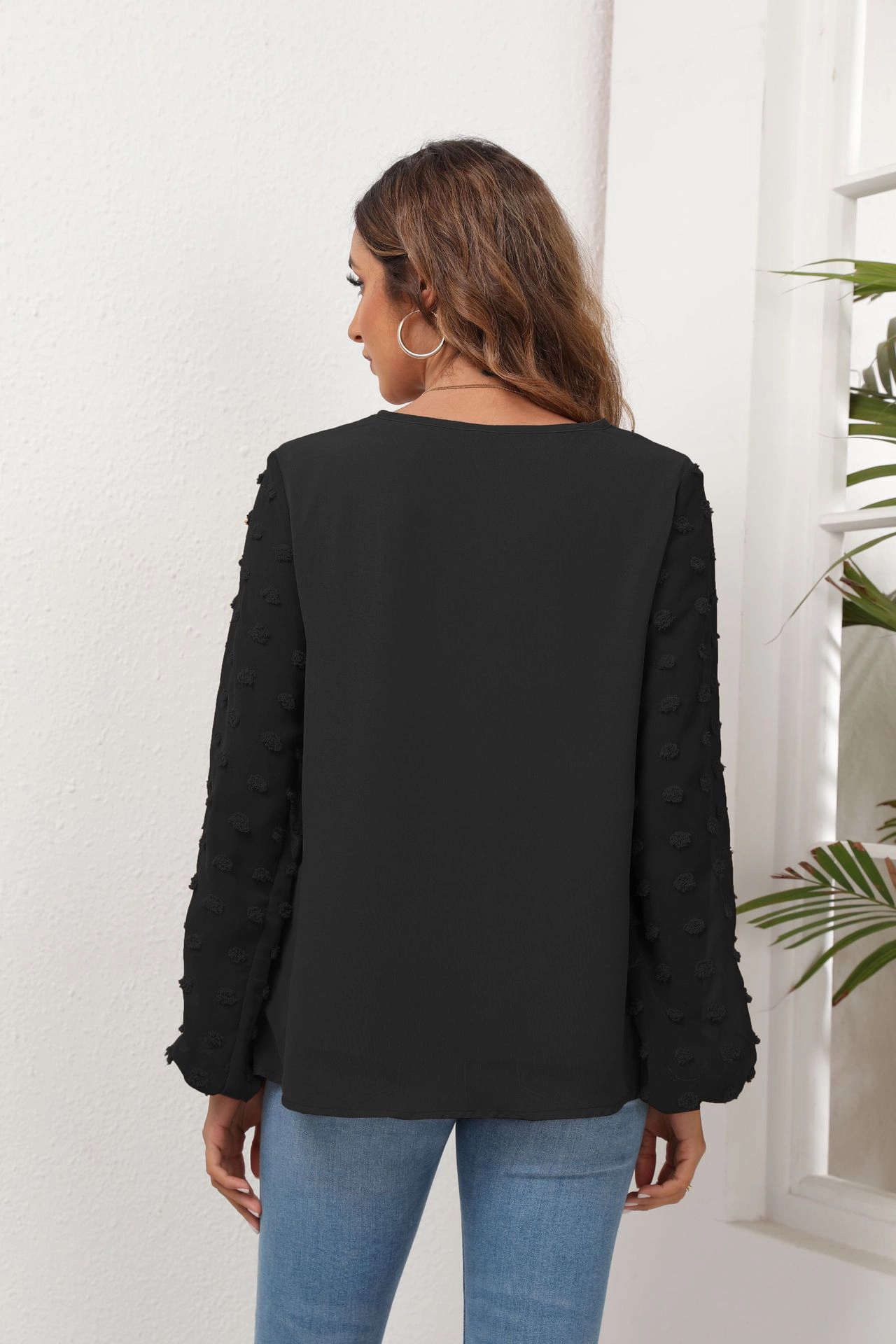 KOJOOIN Women's V Neck Blouse Swiss Dot Long Balloon Sleeve Loose Fit Textured Top Business Casual Shirt