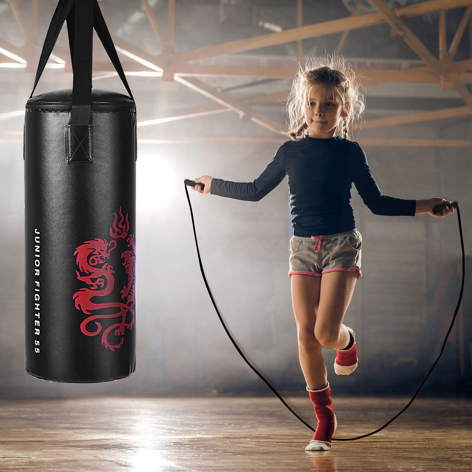 SUGIFT 5-Piece 24-in 22-lb Kids Punching Bag Boxing Set with 8-oz Gloves Skipping Rope Hook and Rucksack
