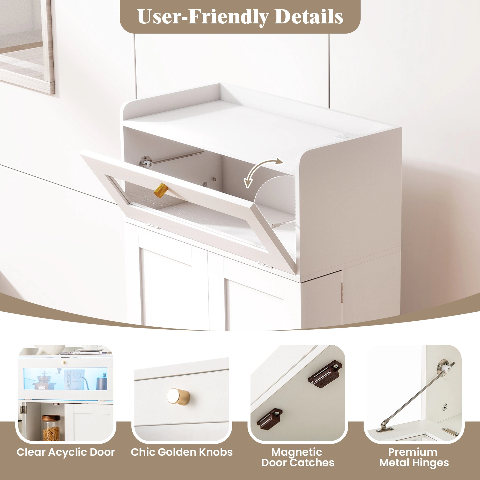 Glintex 43.5-Inch Pantry Cabinet with App-Controlled LED and Power Strip, White + Gold