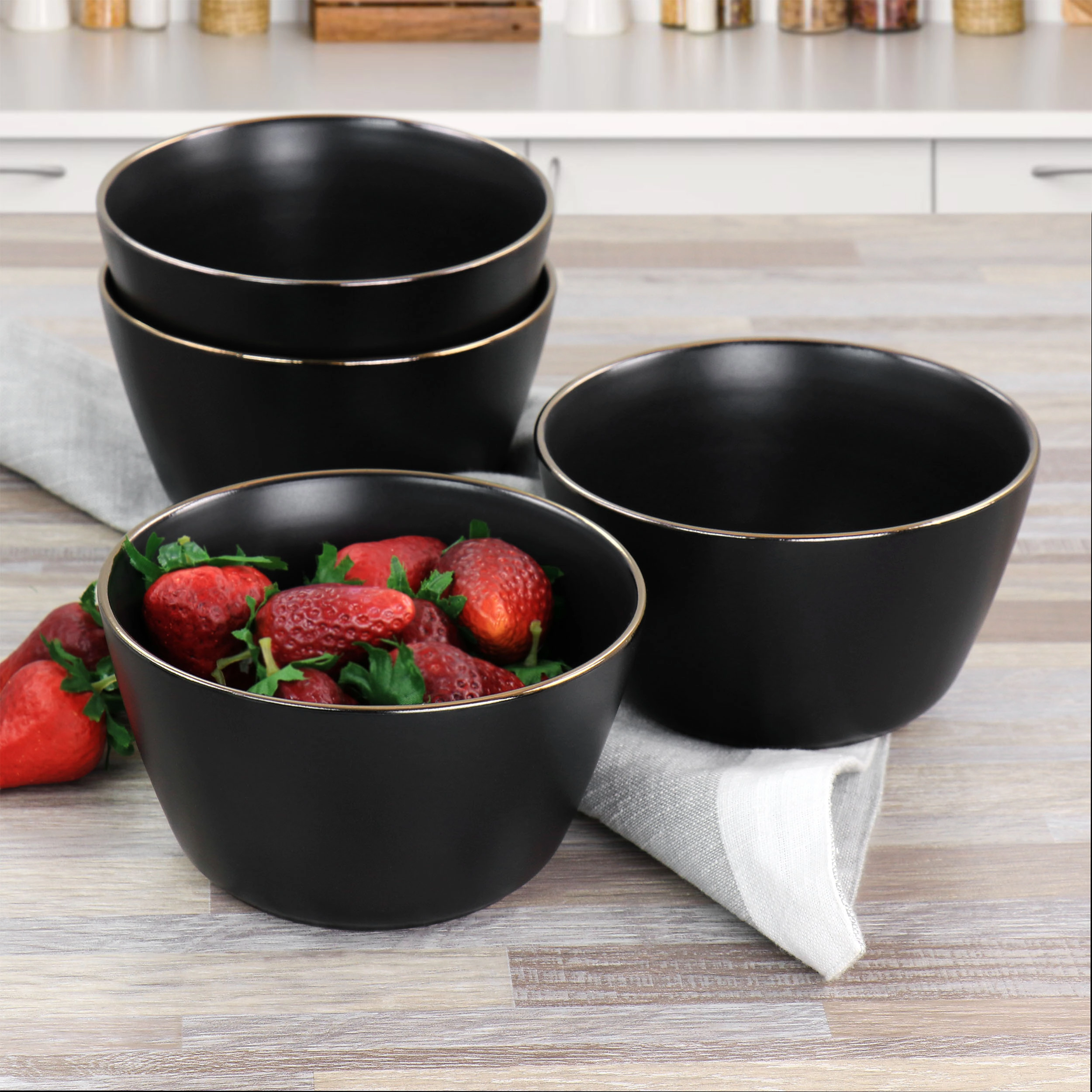 Elama 6 Piece Stoneware Bowl Set Matte with Gold Rim