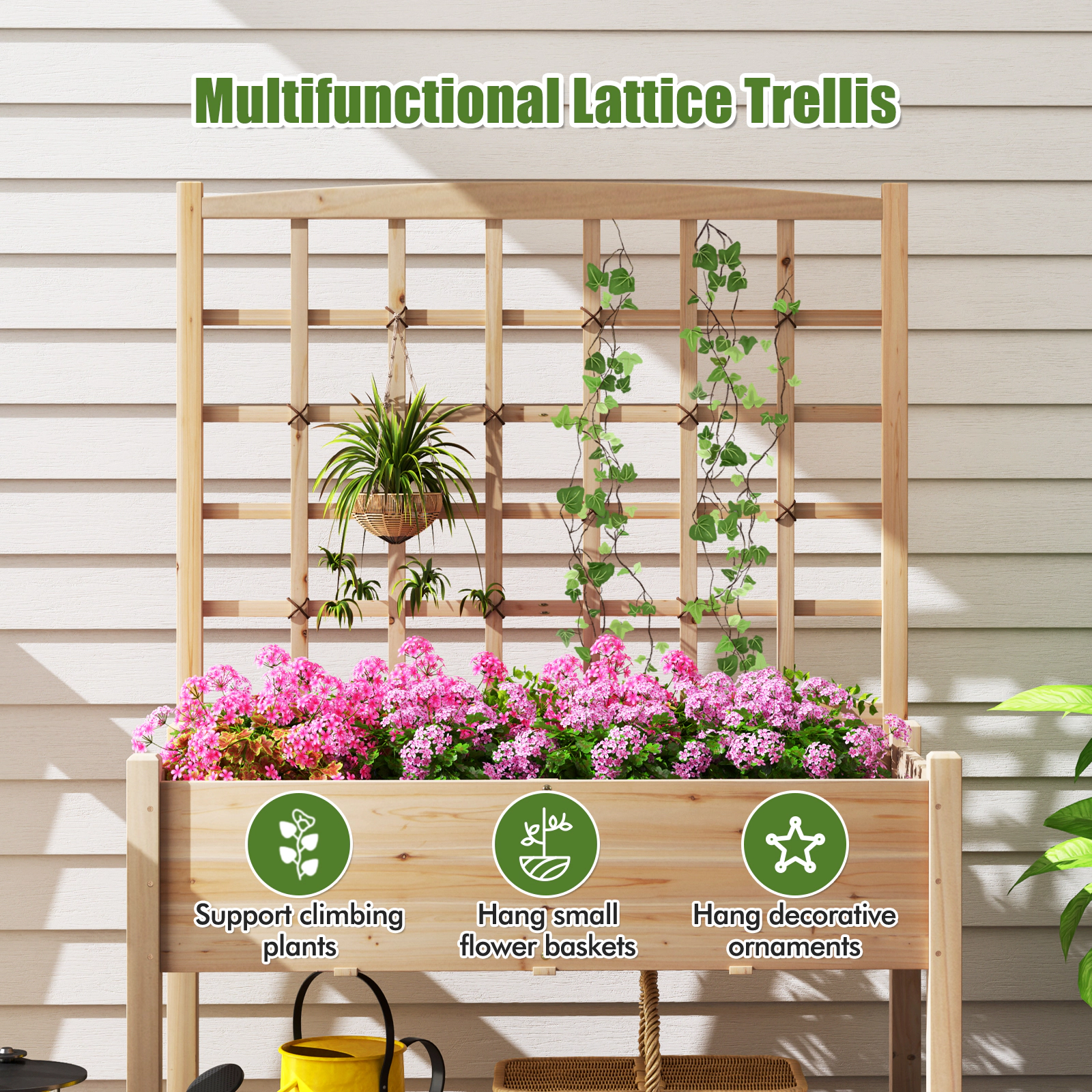 SlickBlue Fir Wood Raised Garden Bed with Trellis and Elevated Planter Box