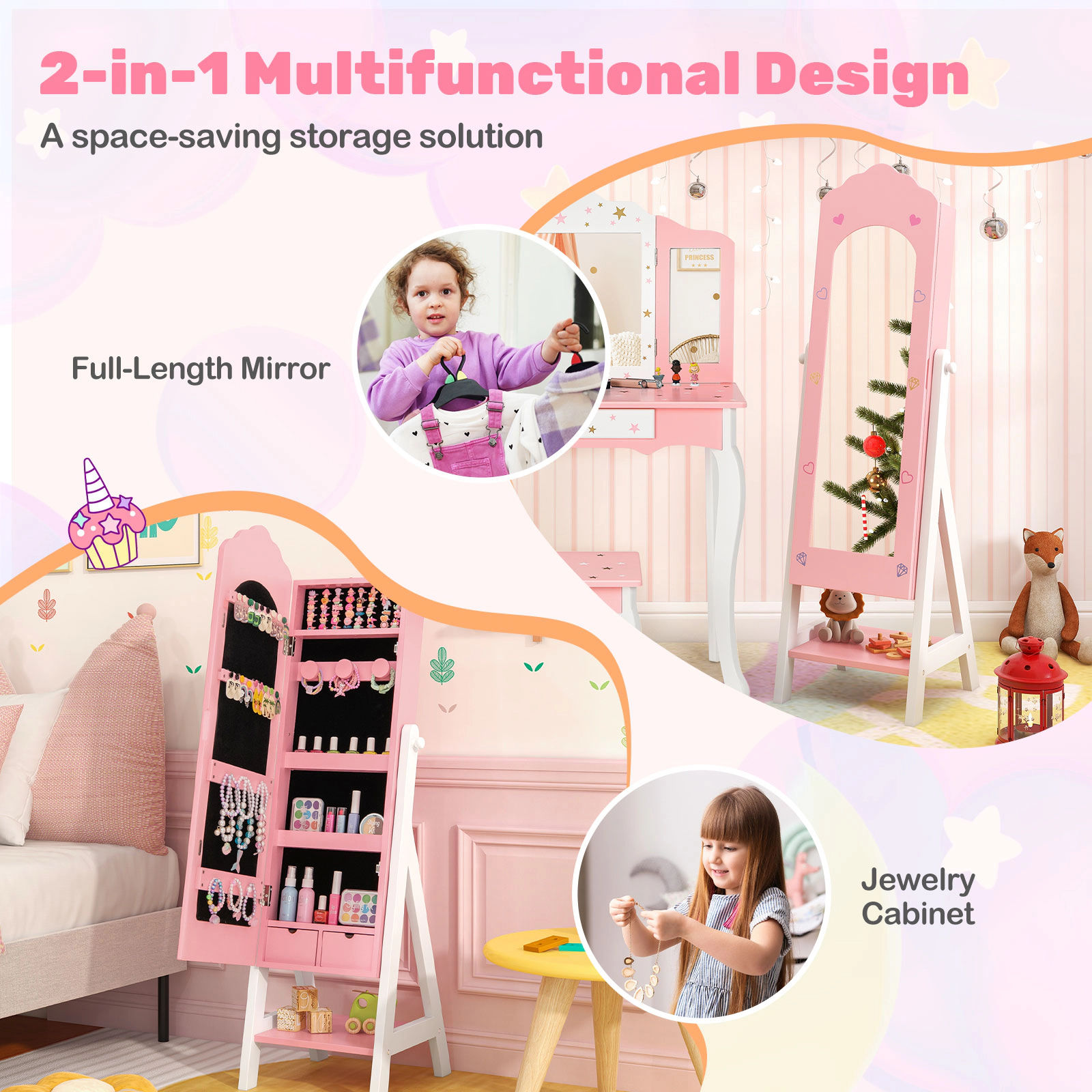 SUGIFT 2-Piece Kids Vanity Table and Stool with Jewelry Armoire Cabinet 88-lb Stool Capacity Pink