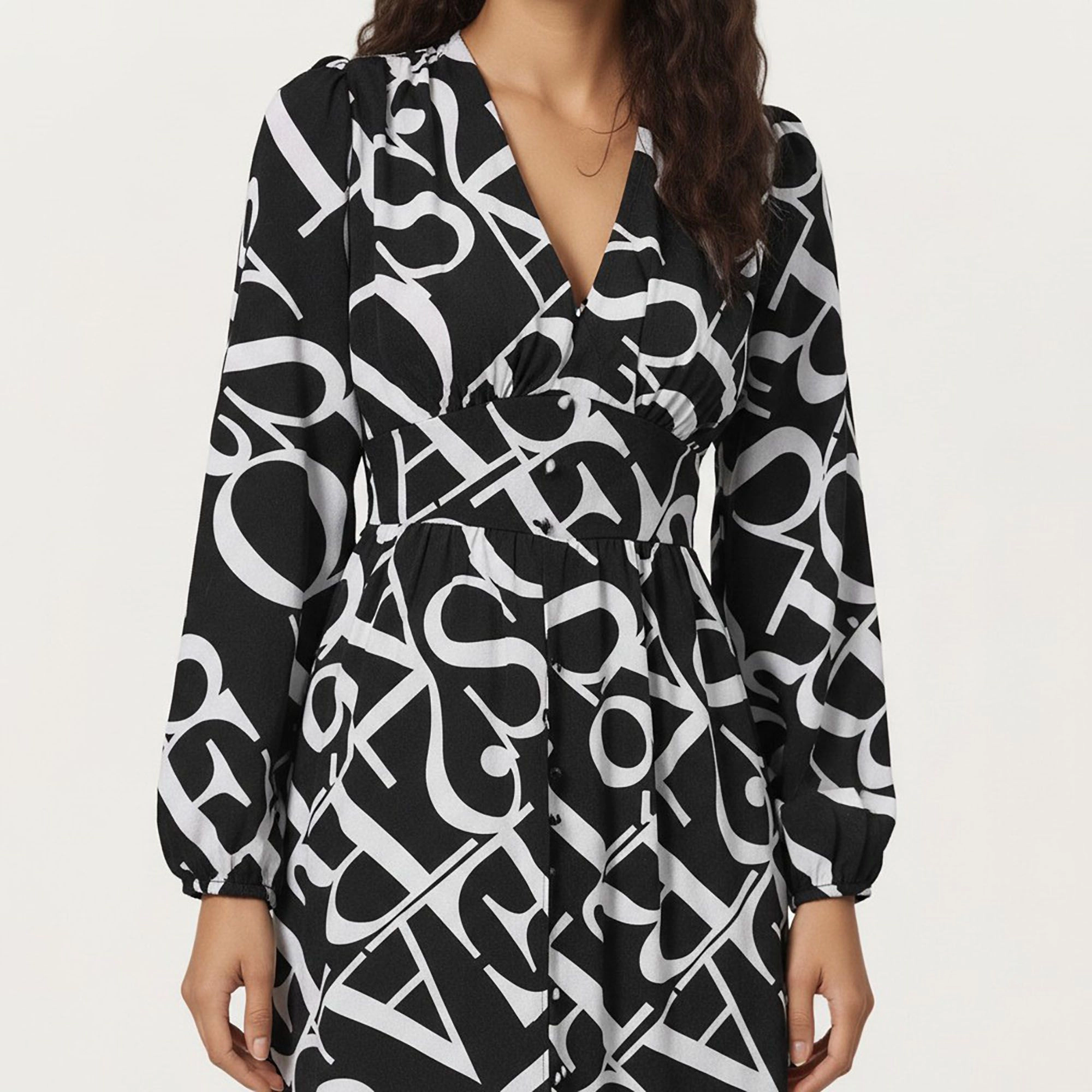 Anna-Kaci Women's Black and White Abstract Logo Print Long Sleeve Belt Asymmetrical Hem Wrap Dress