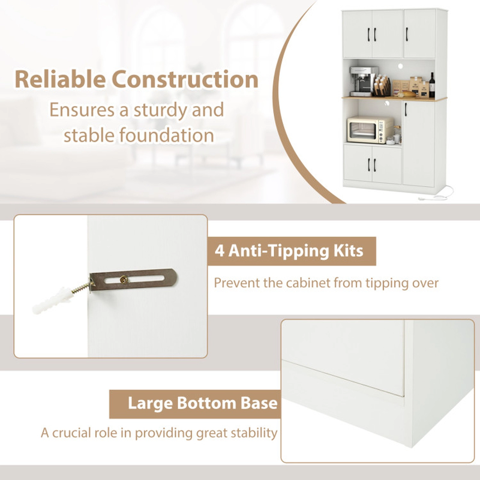 SUGIFT 71-in Tall 77-lb Countertop White Wooden Pantry Cabinet with Charging Station and Microwave Stand