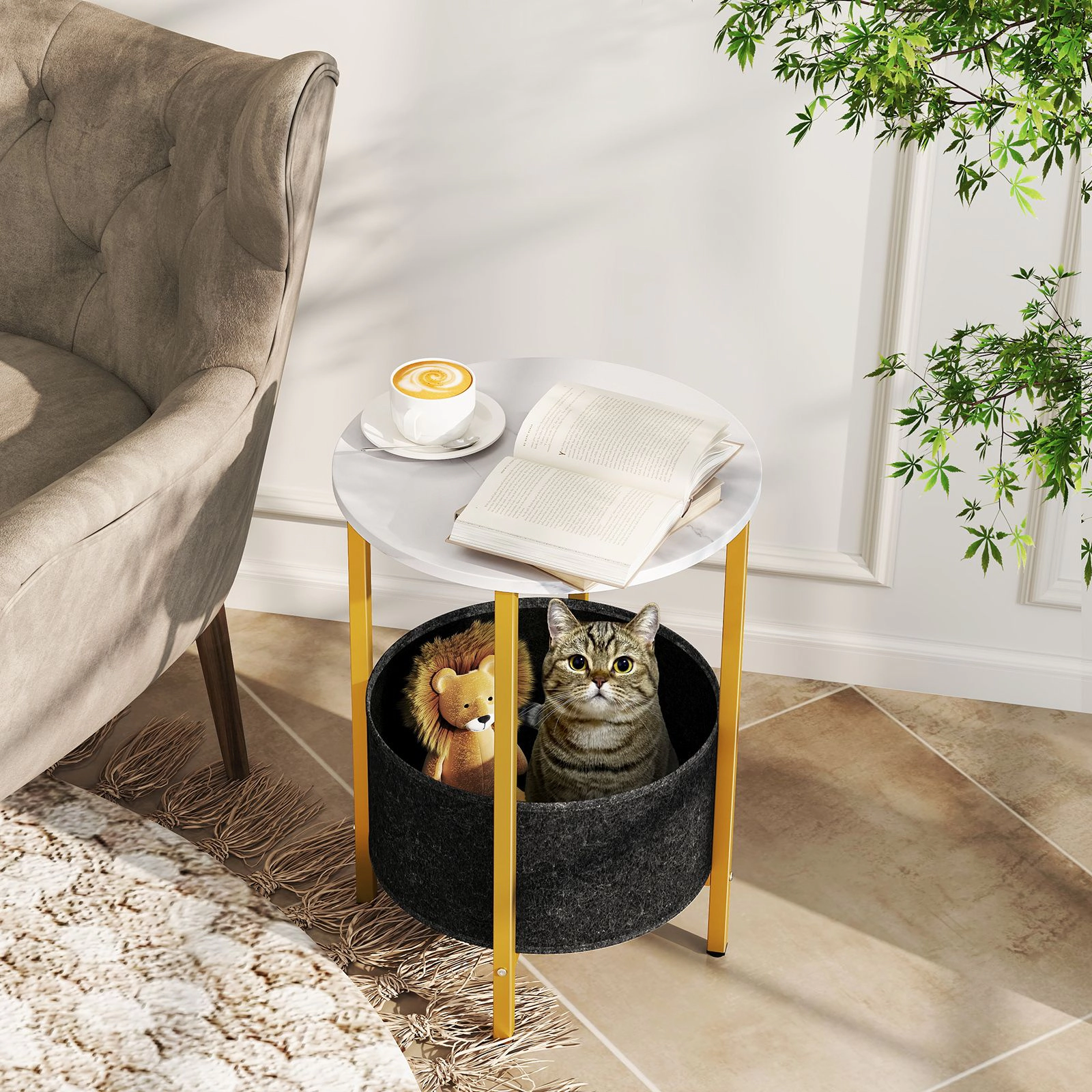 SlickBlue Round End Table with Removable Felt Storage Basket