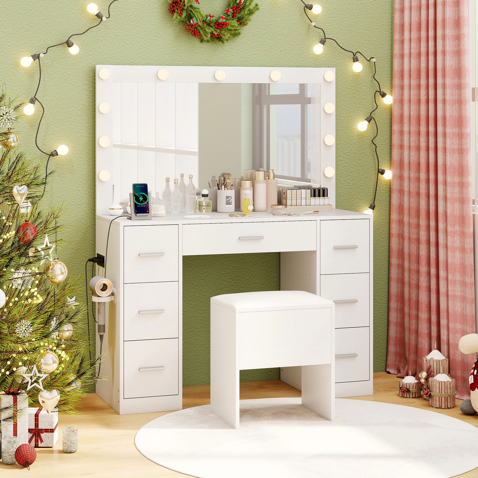 SUGIFT White Makeup Vanity Desk Set with Lighted Mirror, 7 Drawers and Storage Stool