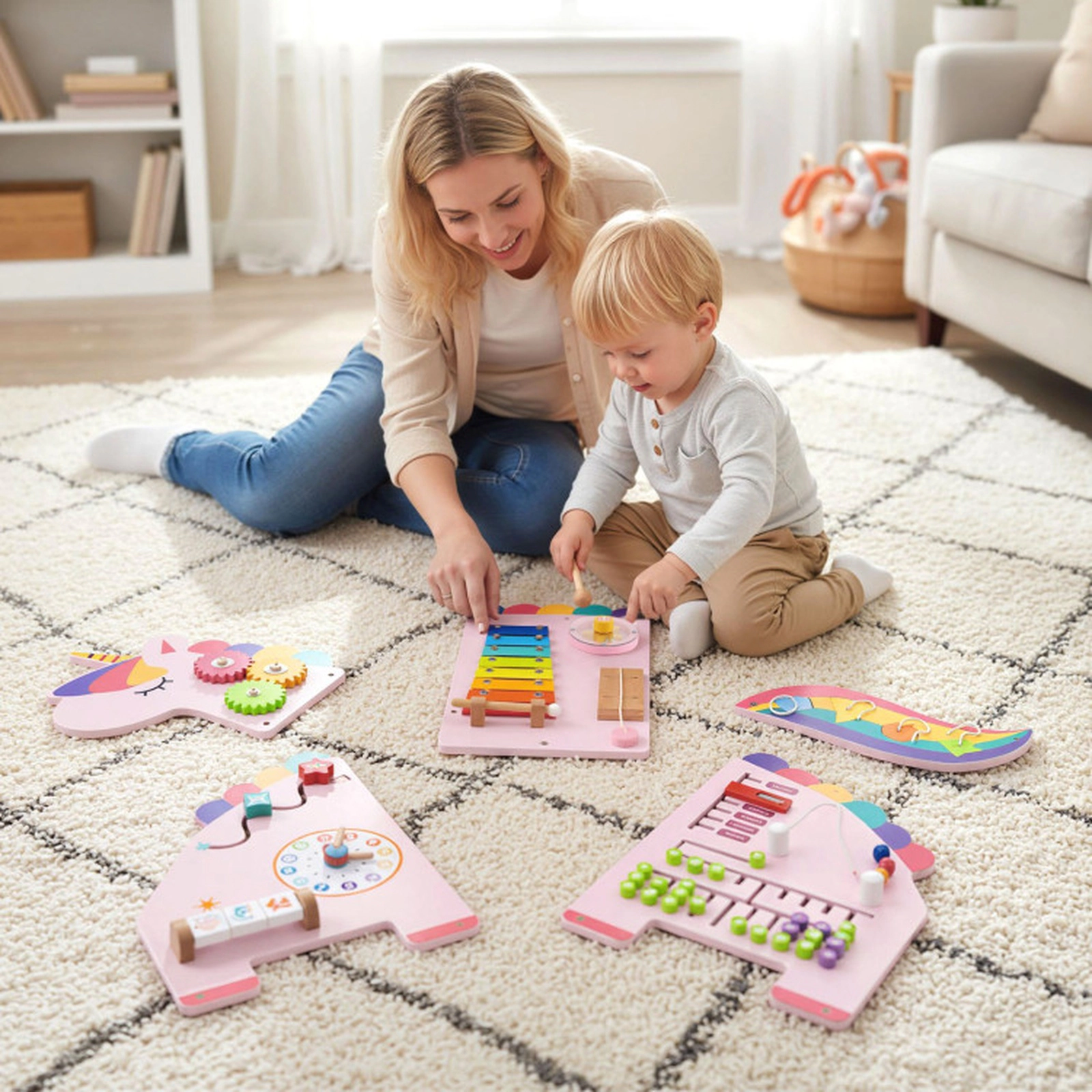 SUGIFT 11-in-1 Dinosaur Busy Board Wall Panels with 8-Note Xylophone Sliding Maze and Rotary Gears
