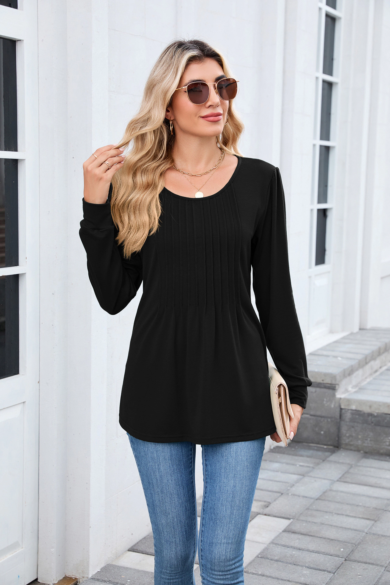 Enchanted Funland Womens Round Neck Pleated Front Puff Shoulder Long Sleeve Tops