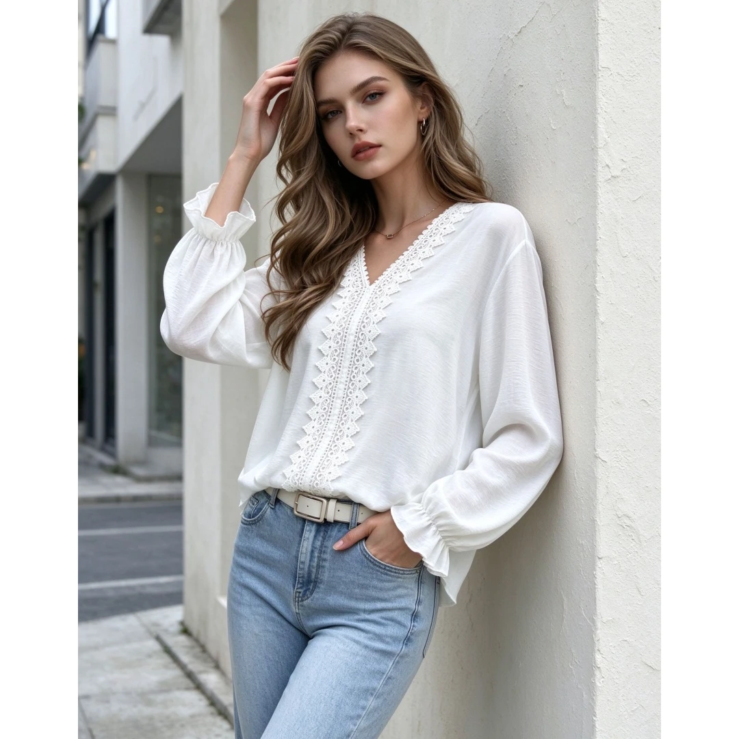 Coolmee Women's V-Neck Long Sleeve Lace Spliced Blouse Top All Season