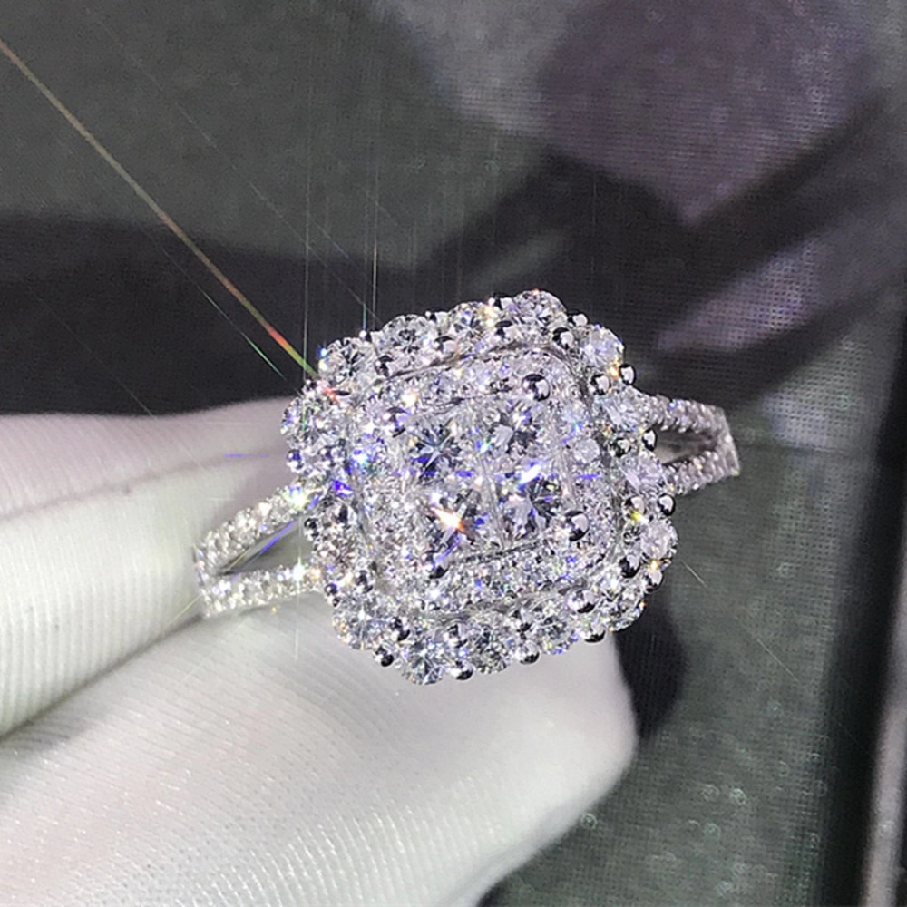 Wardrobe Whimsy Square Double Halo Cubic Zirconia Split Shank Engagement Ring