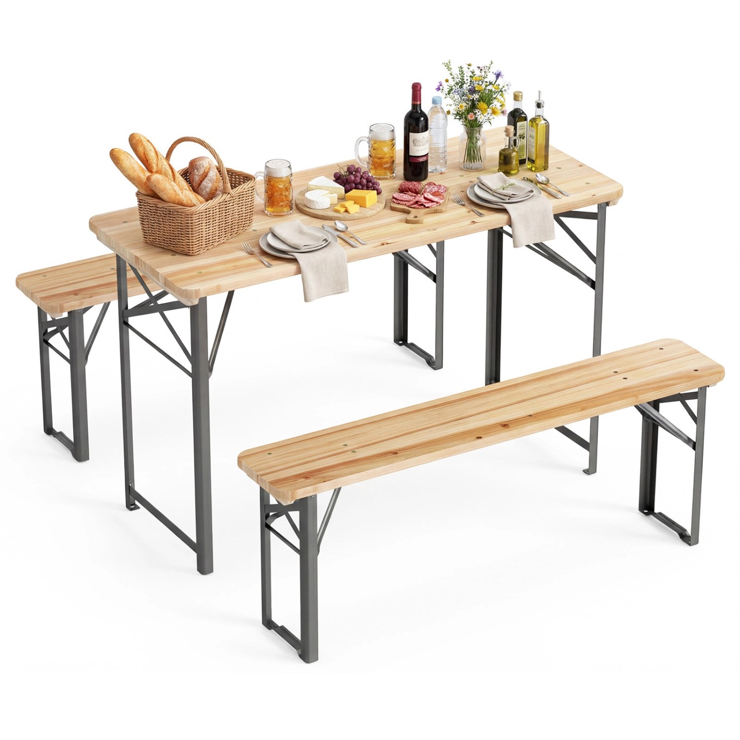 LJG 3-Piece Folding Picnic Table with Benches Fir Wood Portable Bear Camping SET