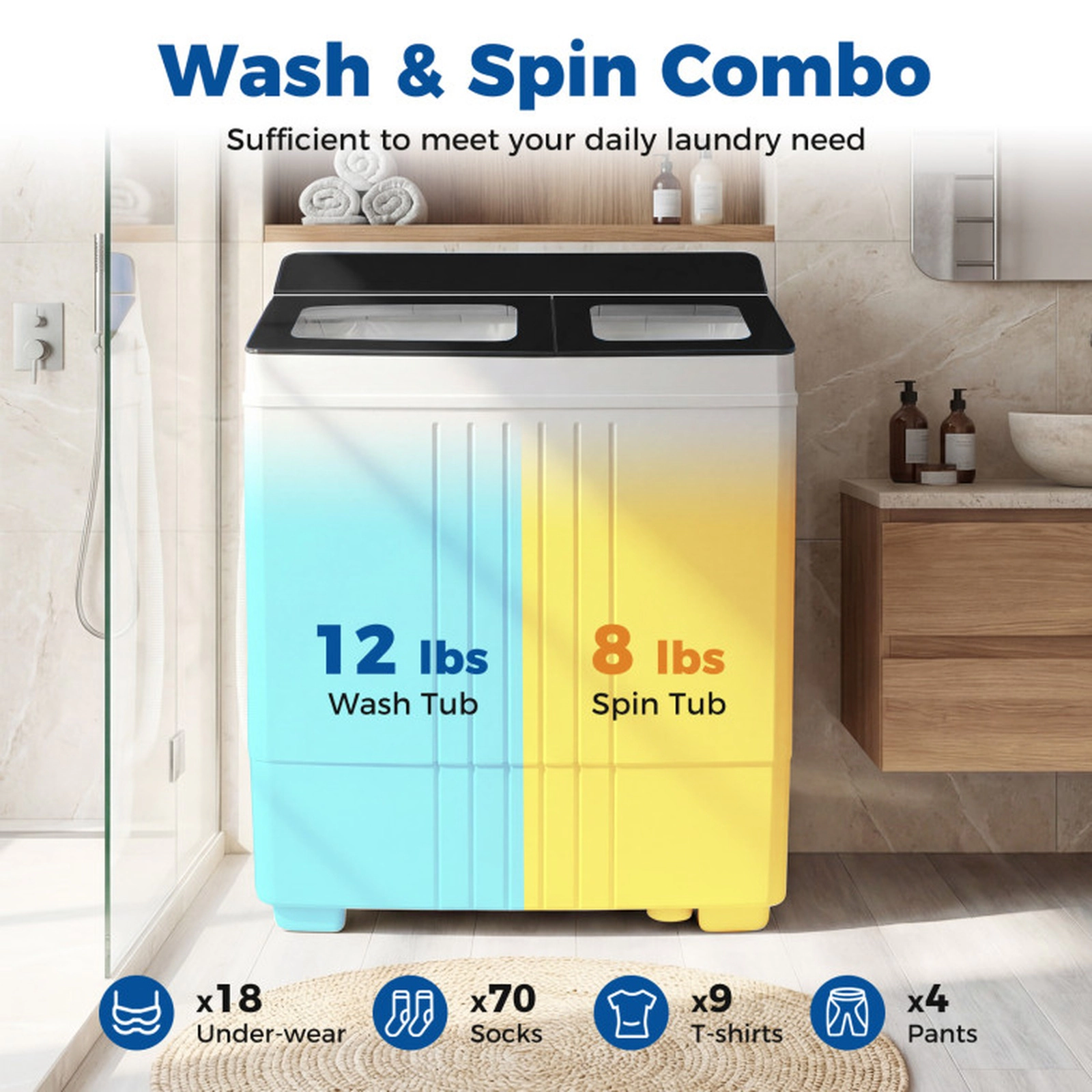 SUGIFT Twin Tub Portable Washing Machine with 12-lb Washer and 8-lb Spinner Combo Black