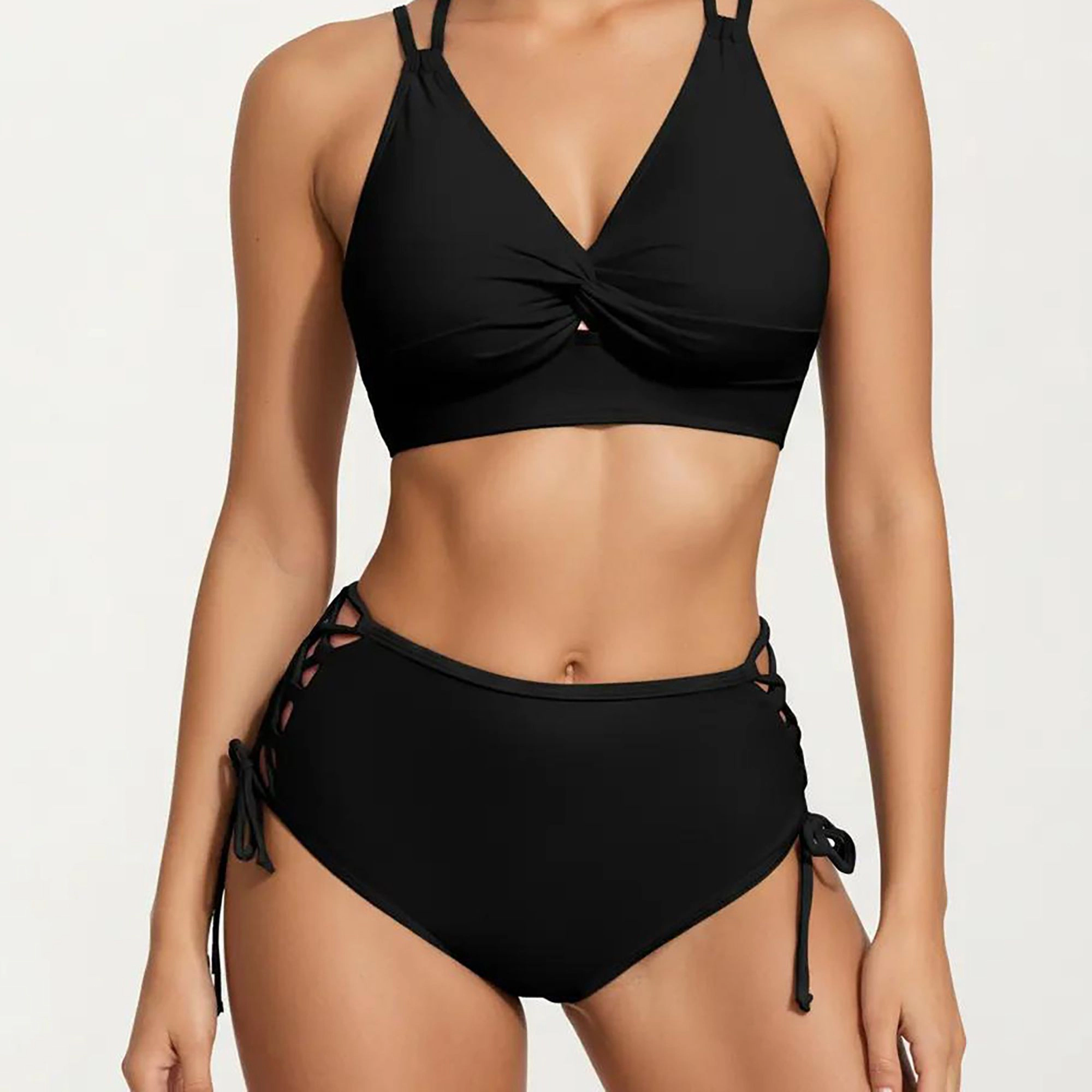 Anna-Kaci Women’s Twist Front V-Neck Bikini Set High Waisted