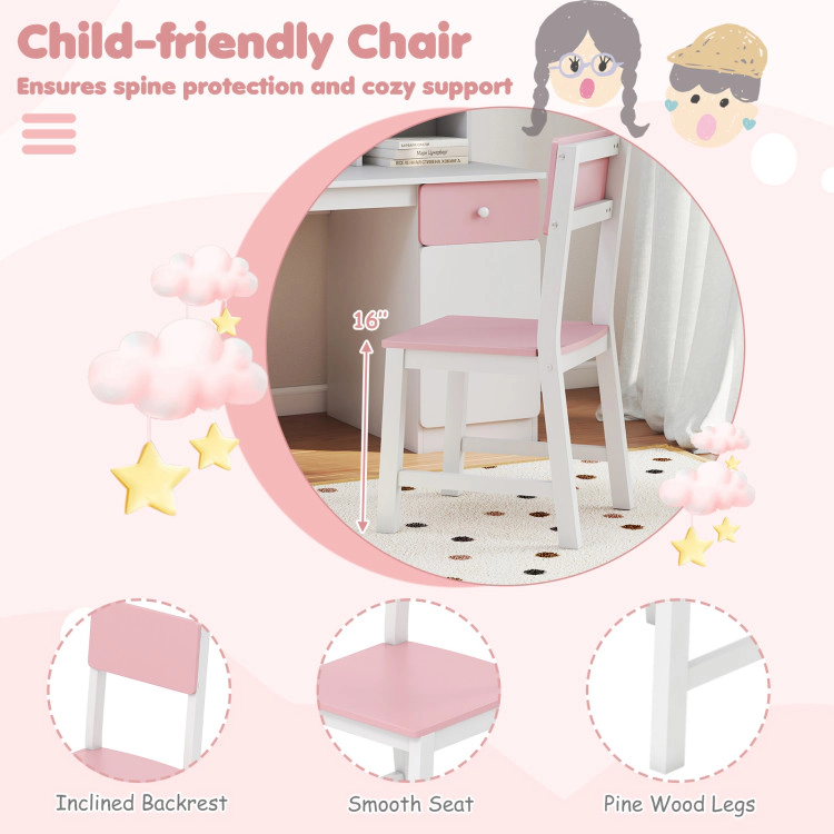 Hivvago Kids Writing Table and Chair with Overhead Hutch 3-Level Storage Rack