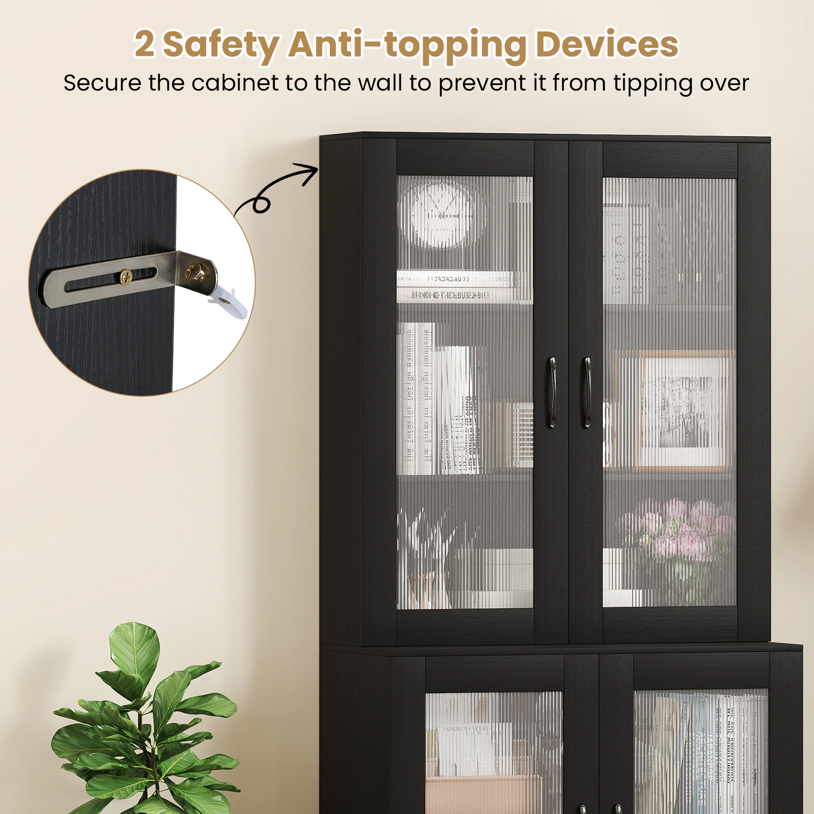 Glintex 70.5-Inch Pantry Cupboard with 4 Transparent Doors