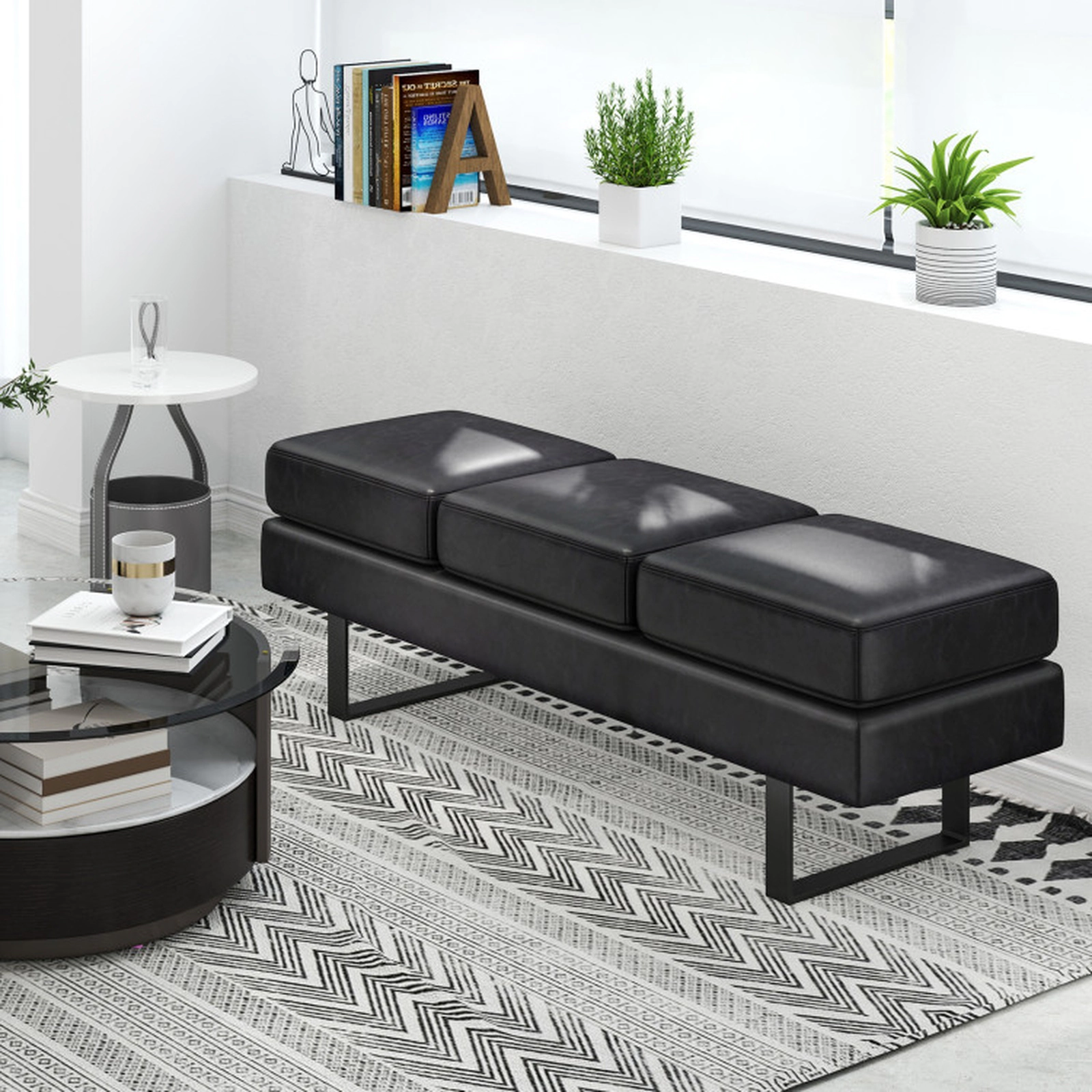 SUGIFT 3-Seat Waiting Room Bench with Faux Linen Cushions 660-lb Capacity 59-in Long Removable Cushion Design Gray/Black