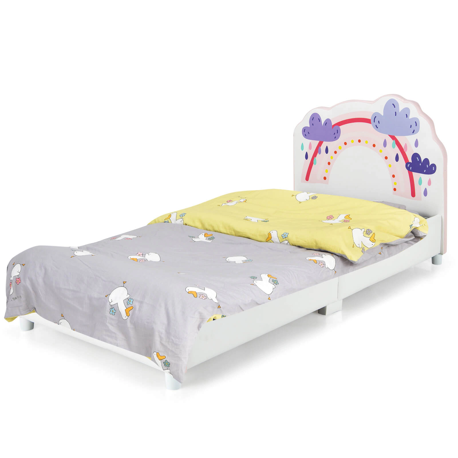 SUGIFT Kids Twin Size Upholstered Wooden Platform Toddler Bed 350-Lb Capacity Ages Over 3 Years White