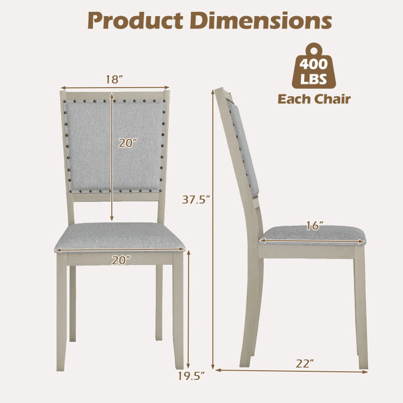 SUGIFT Farmhouse Fabric Upholstered Dining Chair Set of 2 with Nailhead Trim 400-lb Capacity Gray