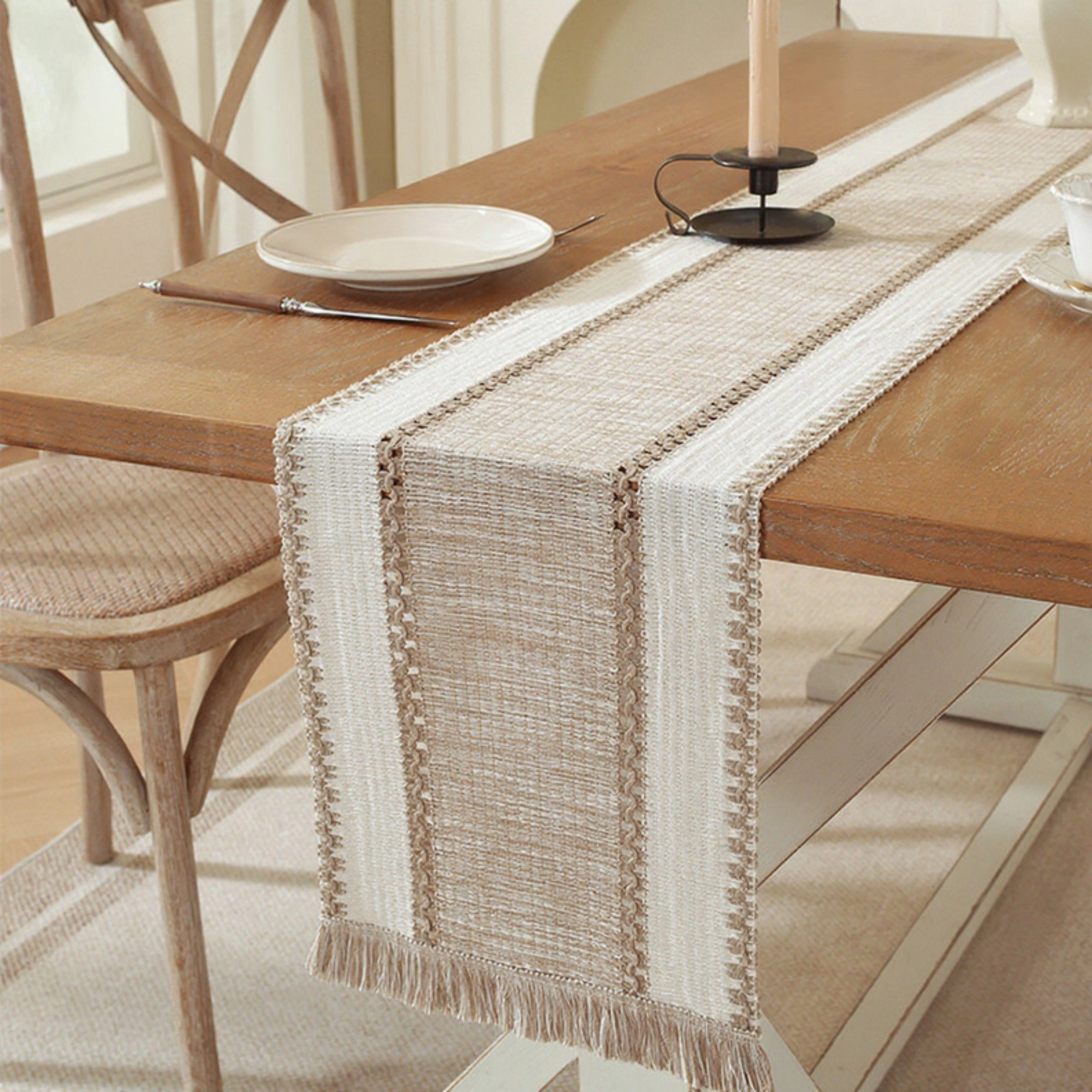 Alilang Women Textured Woven Table Runner with Fringe Trim and Neutral Stripe Pattern 47x11.8