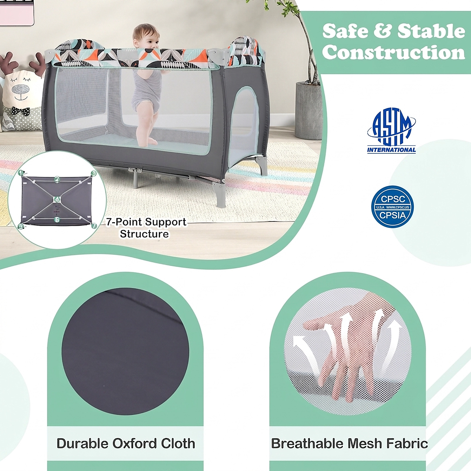 SUGIFT Baby 3-in-1 Bassinet Diaper Table Zippered Door Toy Bar Playard 45-in x 32-in x 32.5-in 33-lb Capacity Blue