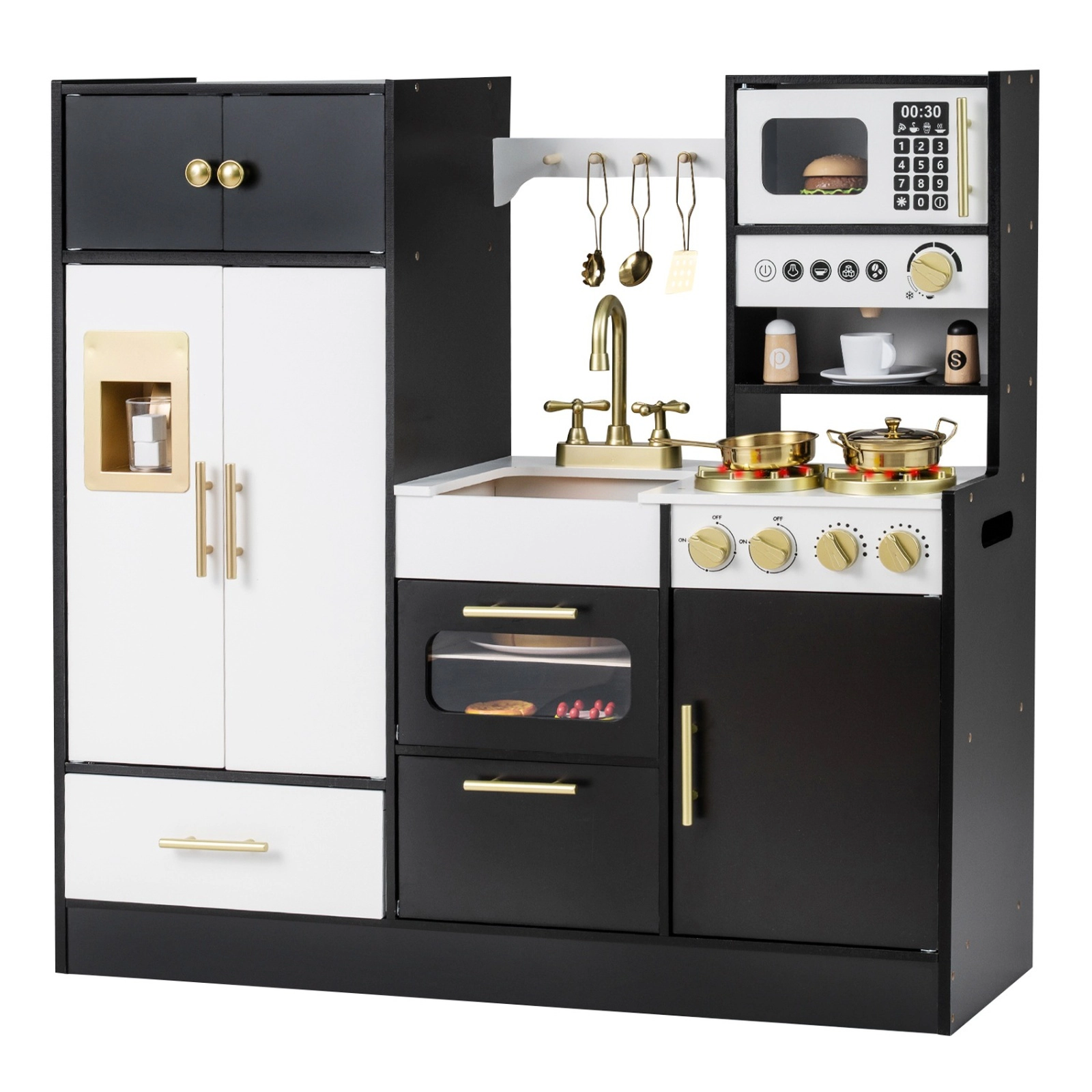 SUGIFT Black Ice Machine Coffee Maker and Realistic Lights Kids Wooden Play Kitchen
