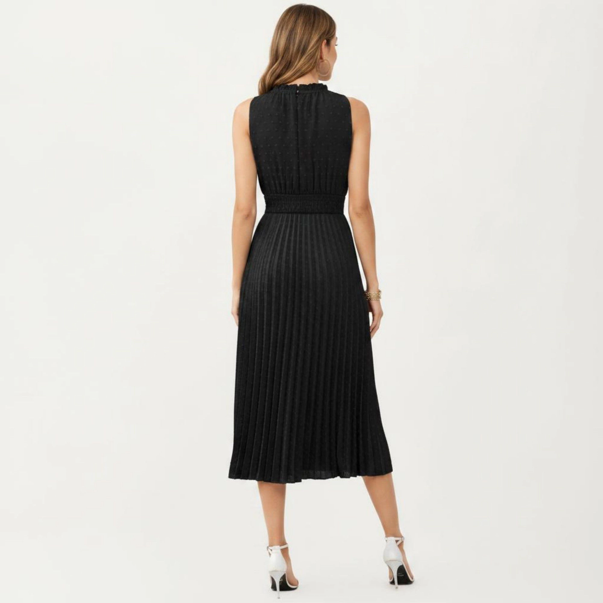 Anna-Kaci Women's Sleeveless Pleated Midi Dress with Smocked Waist and Tie Neck Detail