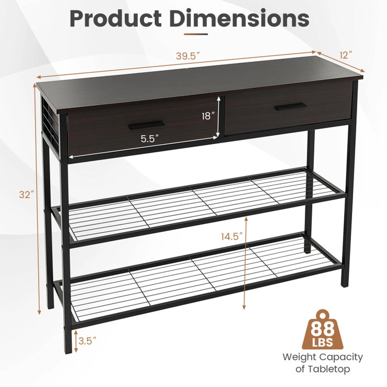 SUGIFT Entryway Table with 2 Drawers and 2-Tier Metal Shelves 88-Lb Tabletop Capacity Dark Brown