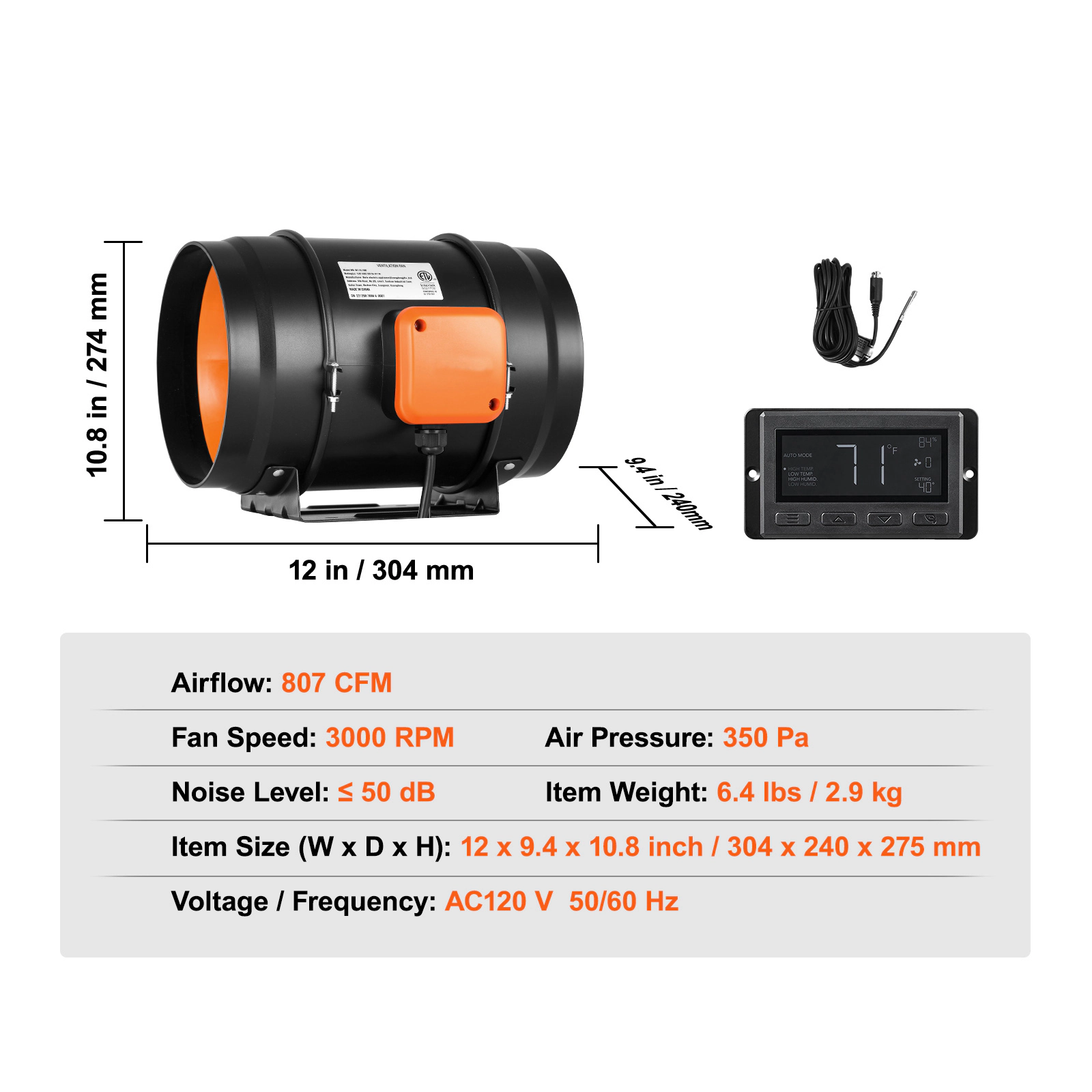 HONGGE Inline Duct Fan Quiet EC-motor Ventilation Exhaust Fan with Temperature Humidity Controller for Cooling Booster