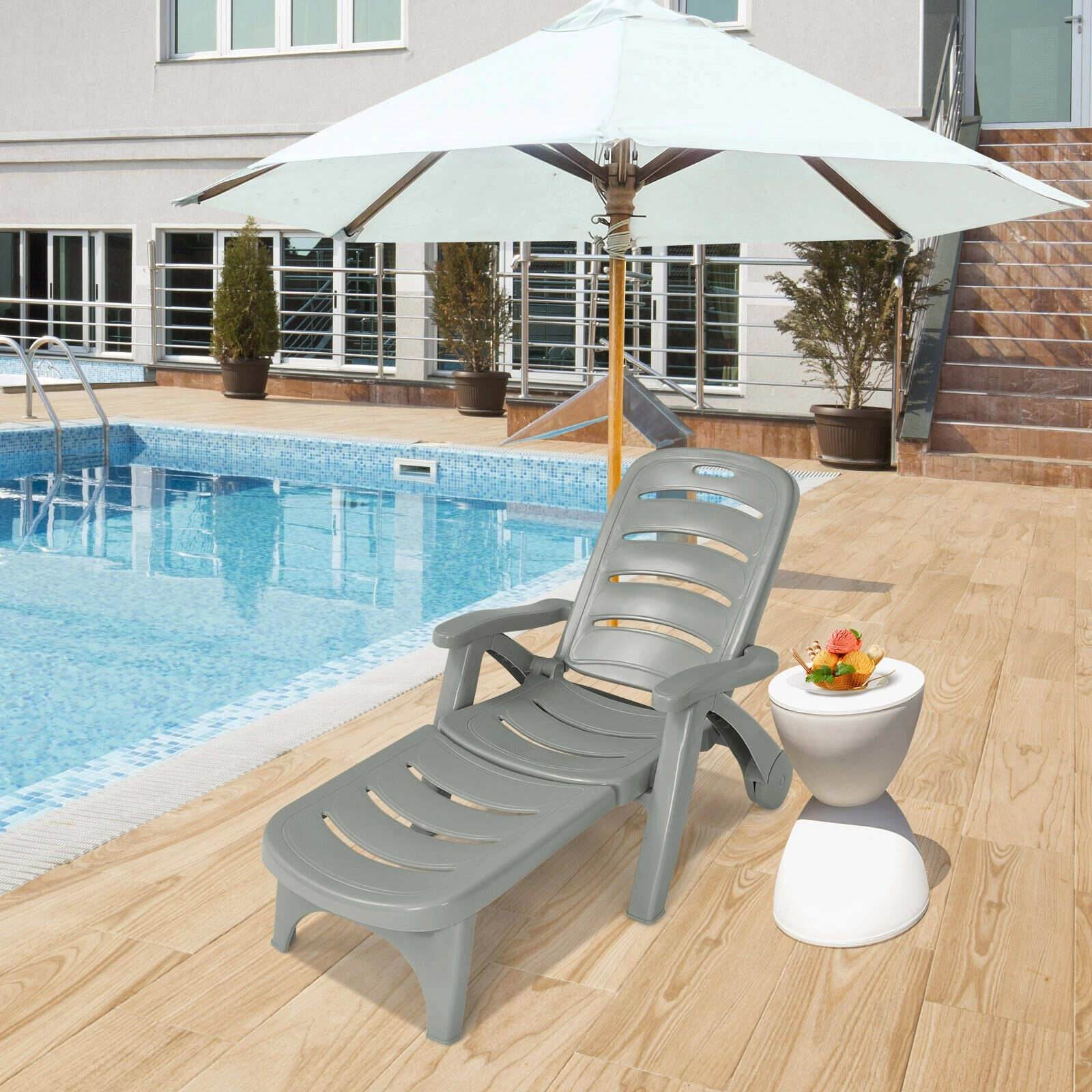 SUGIFT 330-lb Capacity Gray 5-Position Adjustable High Back Folding PP Chaise Lounge Chair with Wheels