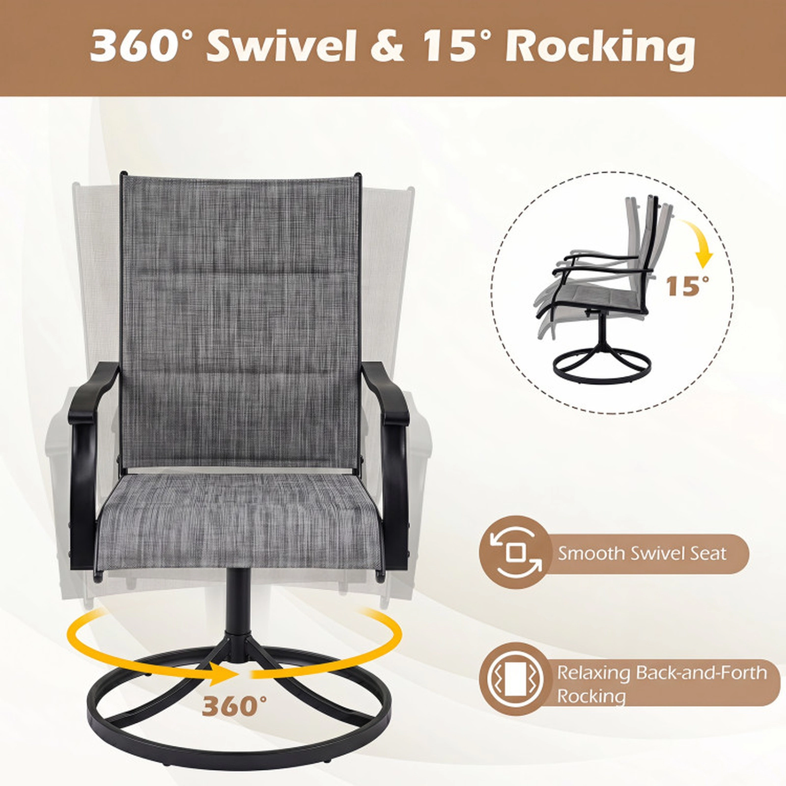SUGIFT Padded Patio Swivel Dining Chairs with 360-Degree Rocking Seat 330-lb Capacity Breathable Fabric Gray